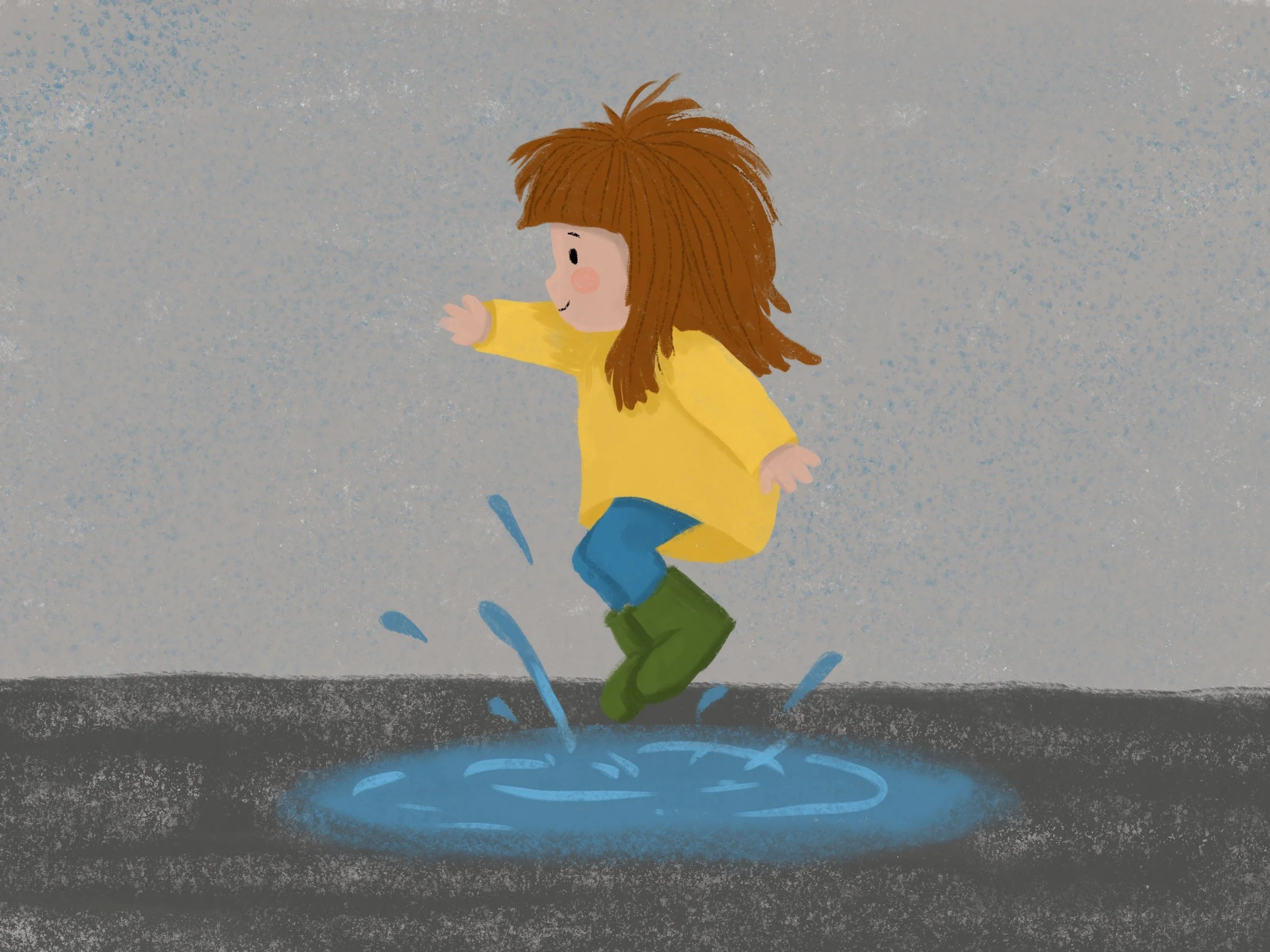 Drawing of a young girl with brown hair wearing a yellow raincoat, jumping in a puddle