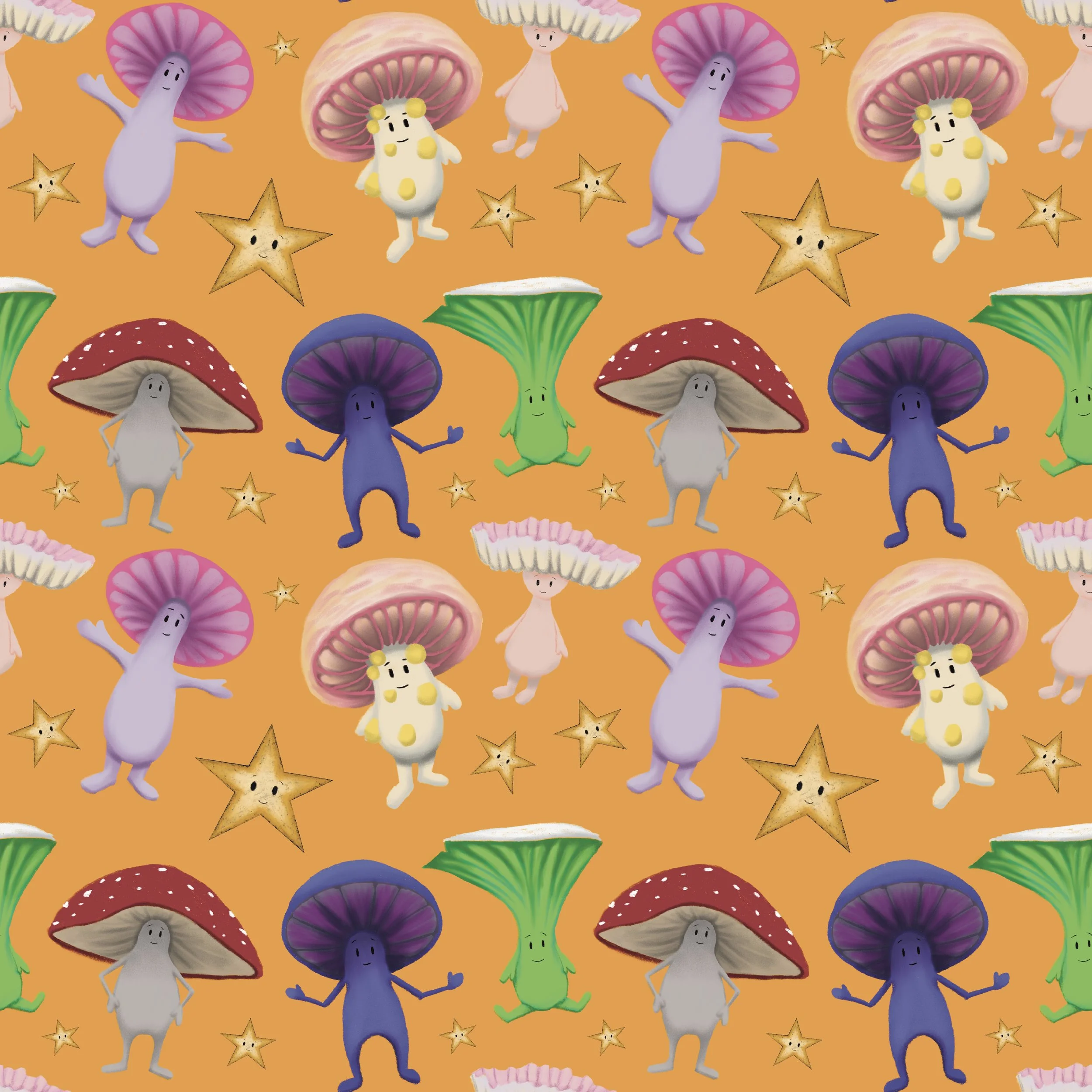 Pattern of cartoon mushrooms with faces and colorful stars on an orange background.