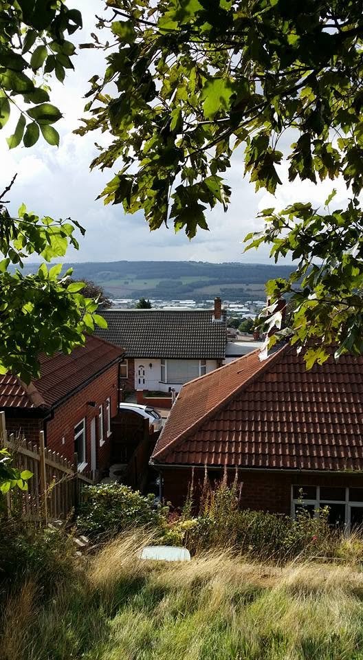 Residential neighborhood with houses, red-tiled roofs, trees, and a distant view of hills and sky.