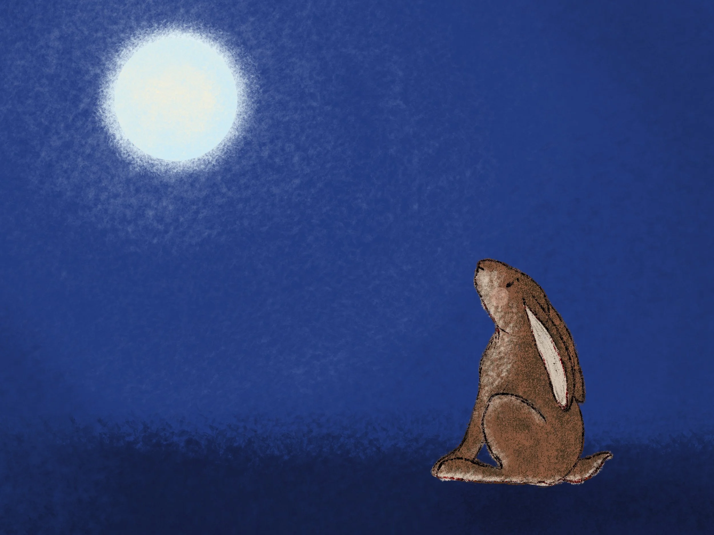 A hare sitting on the ground with a full moon shining brightly in a clear blue night sky.