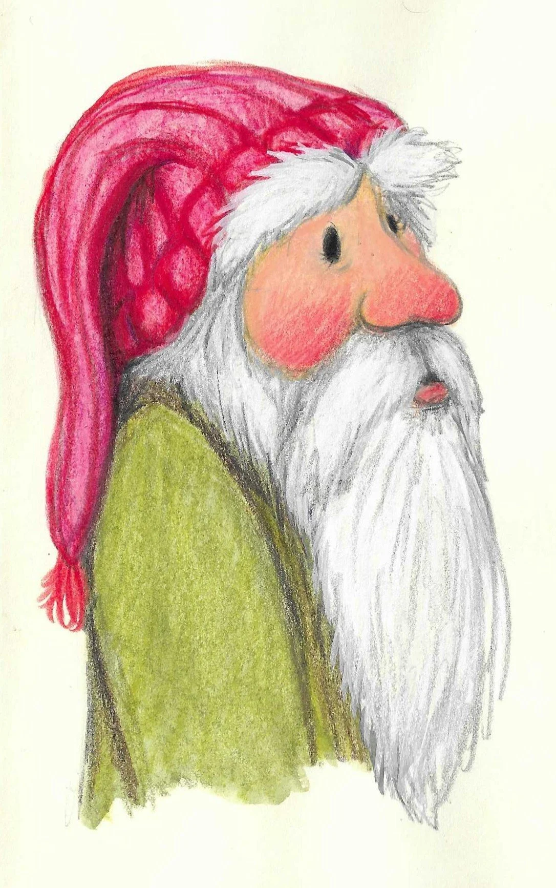 Colorful drawing of Santa Claus with a red hat, white beard, and green robe, looking to the right.