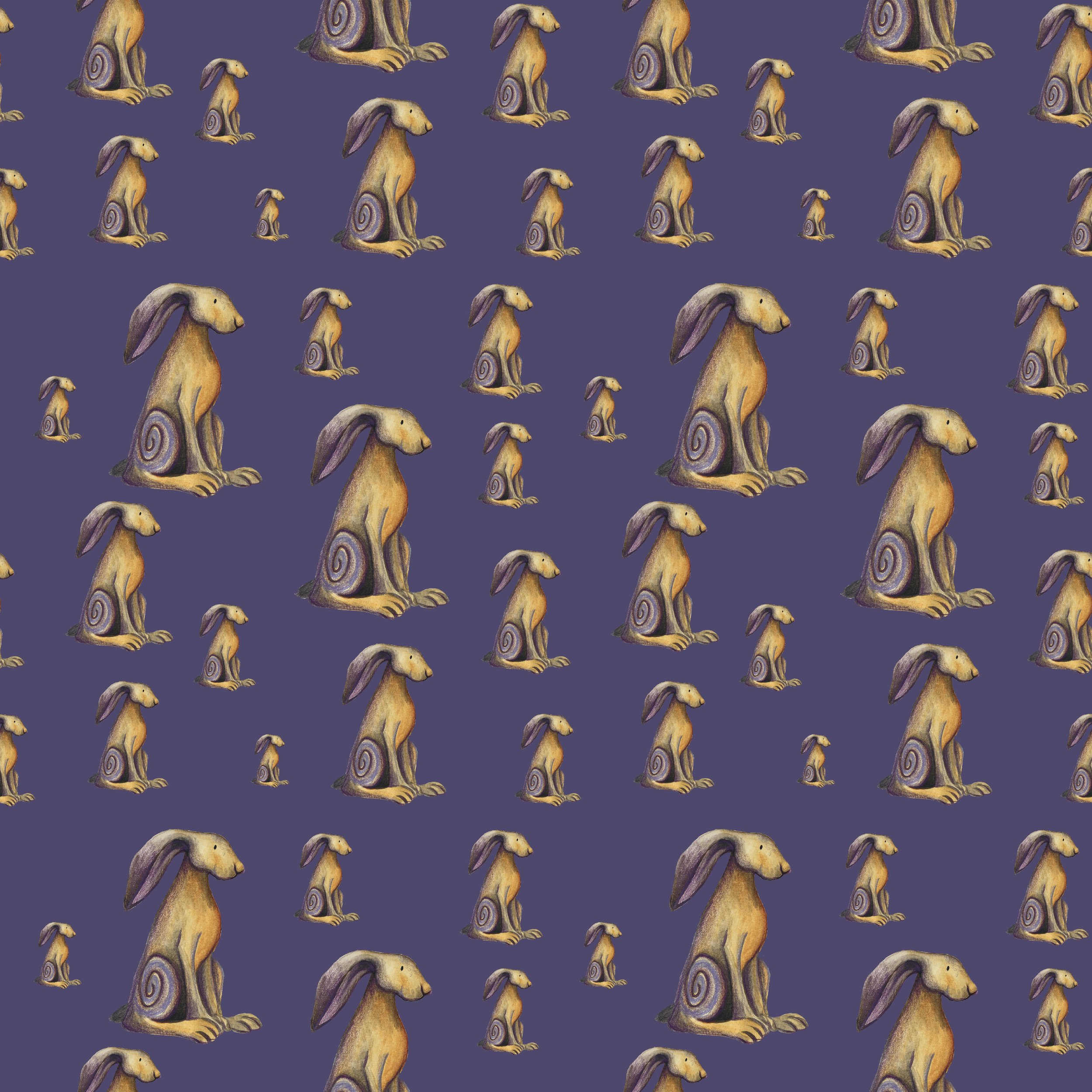 Pattern of illustrated hares sitting on a purple background.