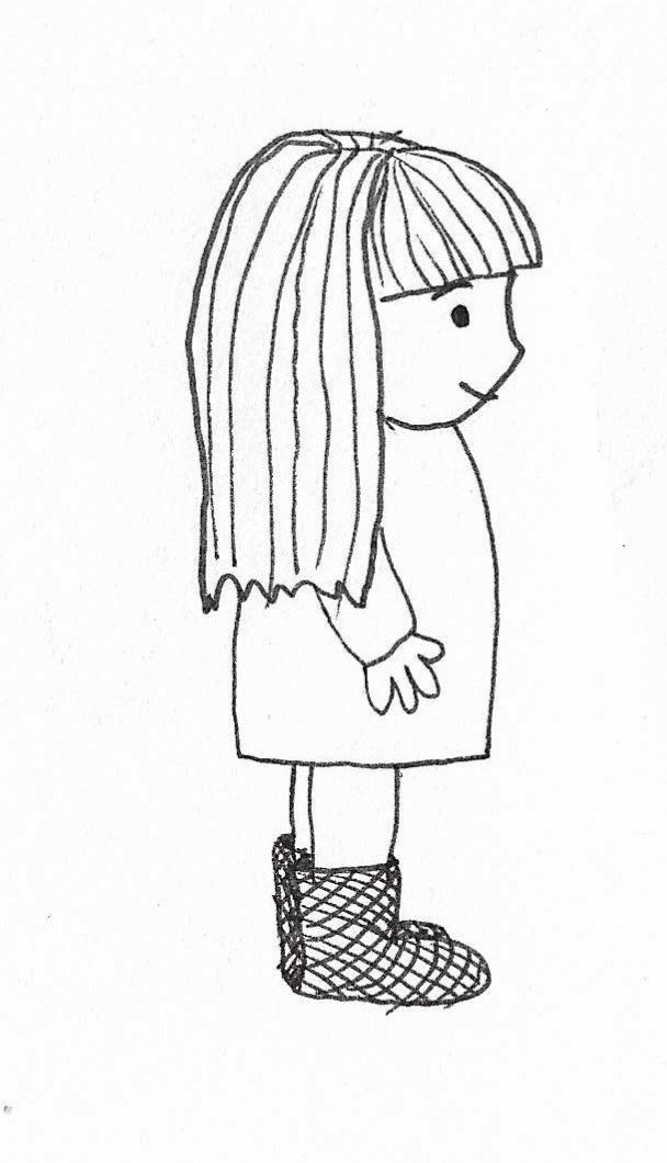 Drawing of a girl with long hair wearing a dress and boots, standing in profile.
