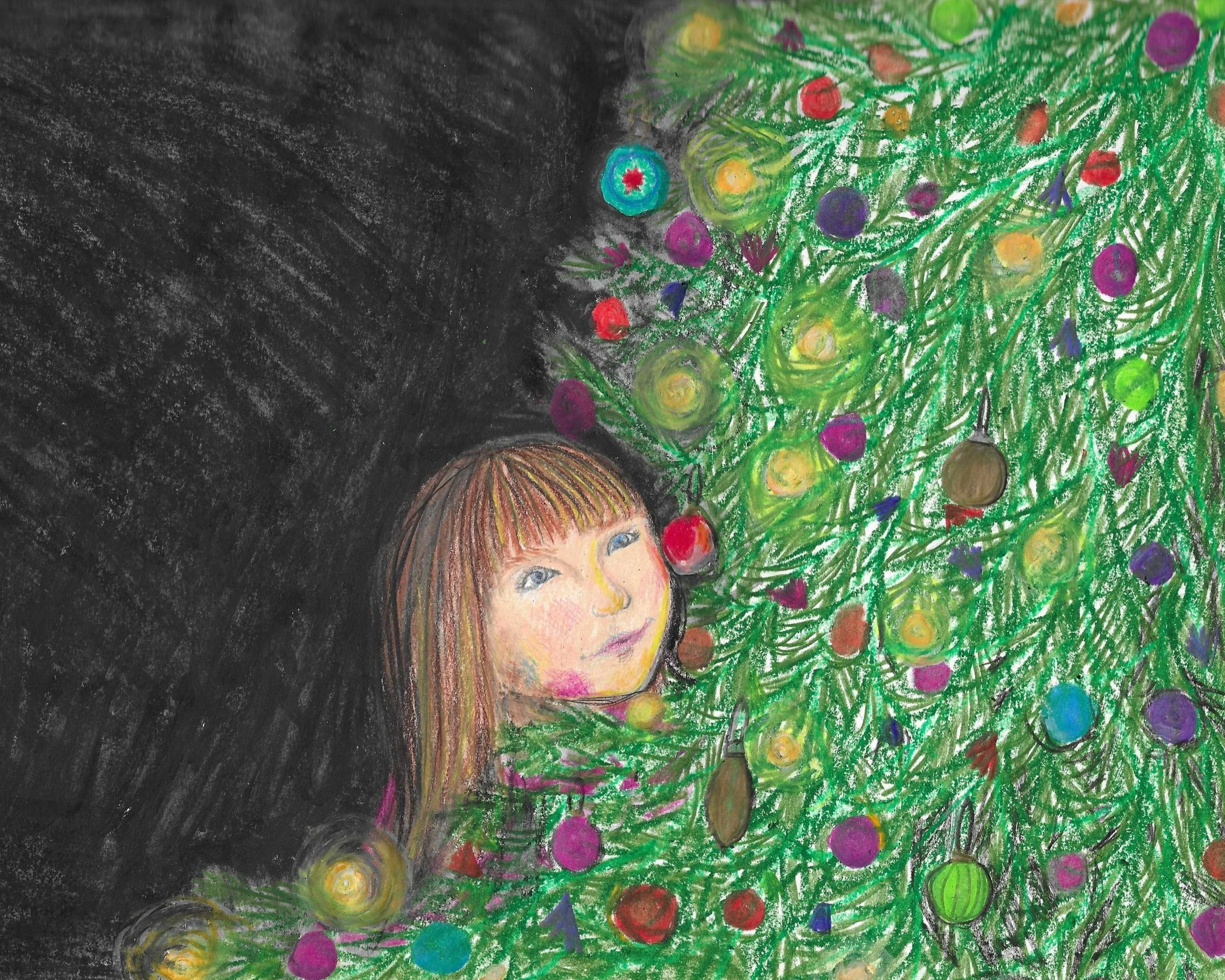 Child with brown hair and blue eyes looking at a decorated Christmas tree with colourful ornaments, with a black chalkboard background.