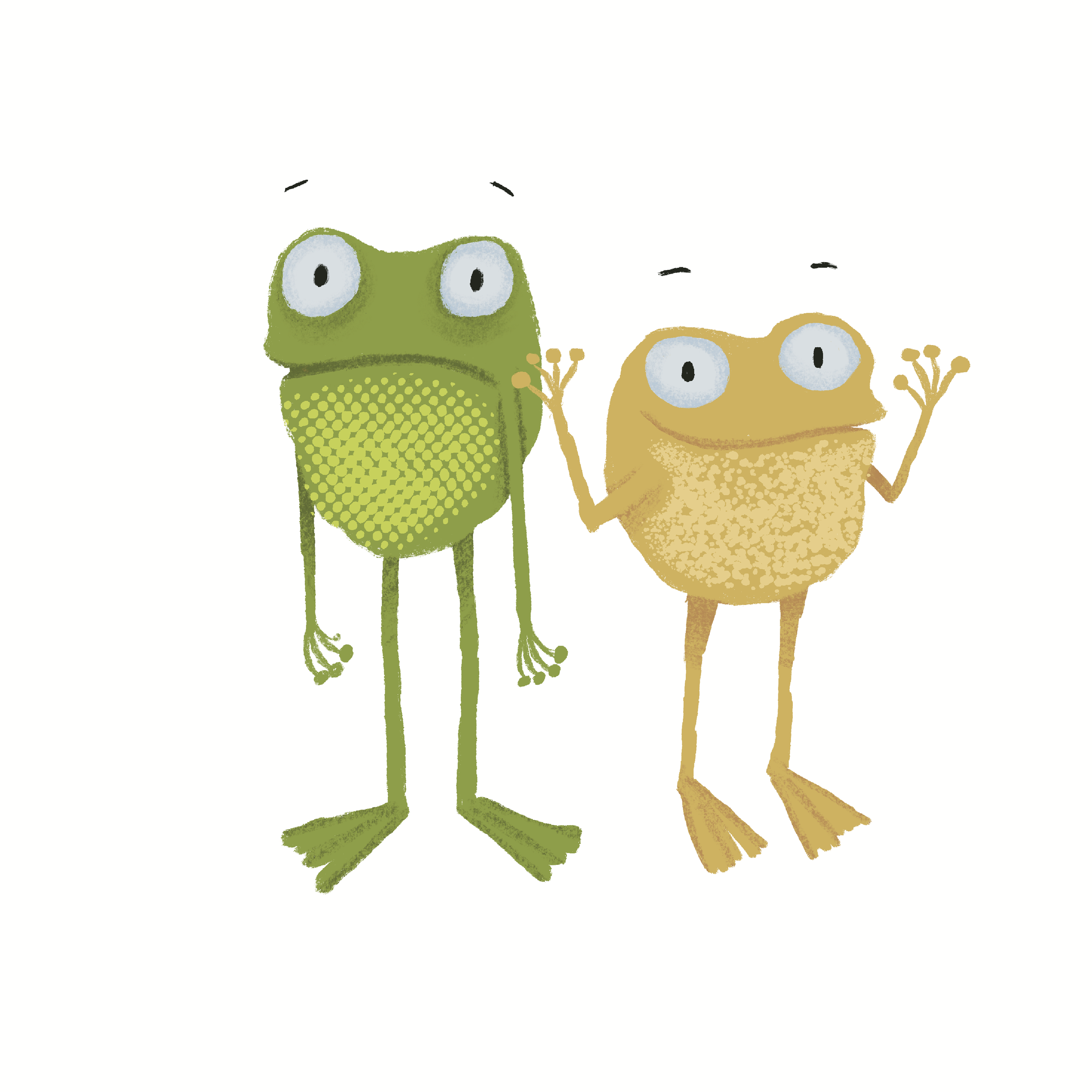 Two cartoon frogs, one green and one yellow, standing side by side on a white background, smiling and raising one arm
