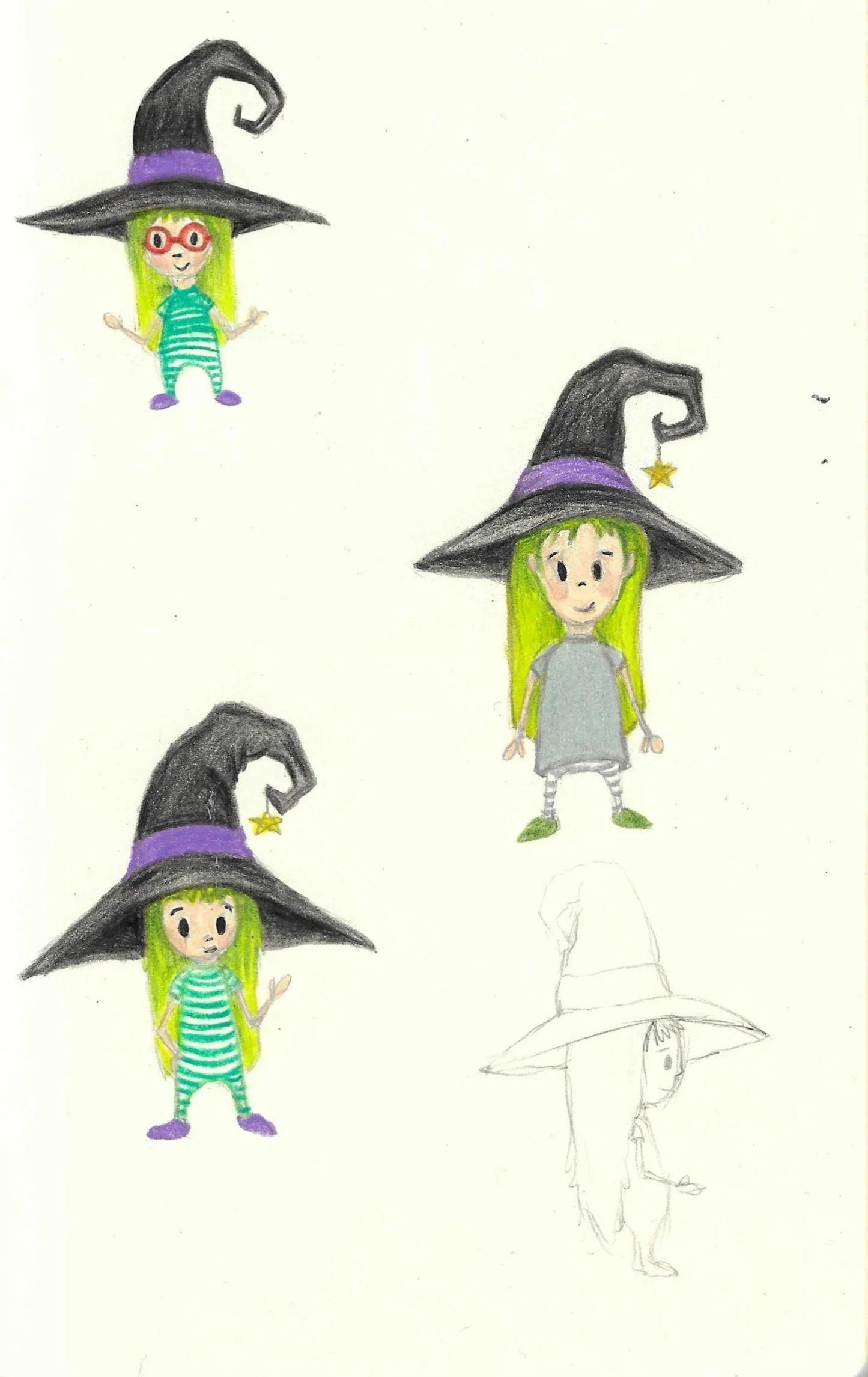 Sketch of a girl with long green hair wearing a witch's hat, green and white striped pajamas, and purple slippers, drawn in colored pencil, with multiple similar illustrations in different styles and partial pencil sketches.