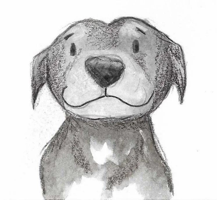 A black and white sketch of a cute puppy with floppy ears and a big nose.