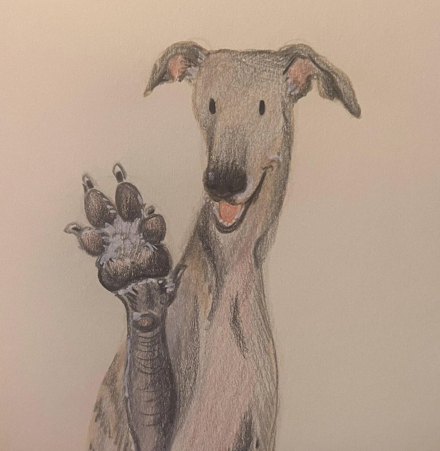 A realistic drawing of a playful dog with a smiling face holding its paw up.