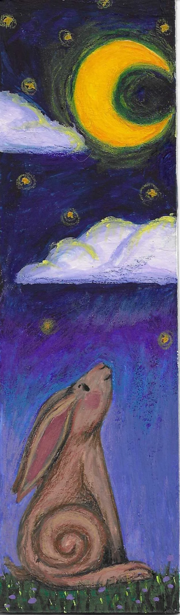 Painting of a moon gazing hare looking at a night sky with a large yellow moon, stars, and clouds, in a style reminiscent of Van Gogh's Starry Night.