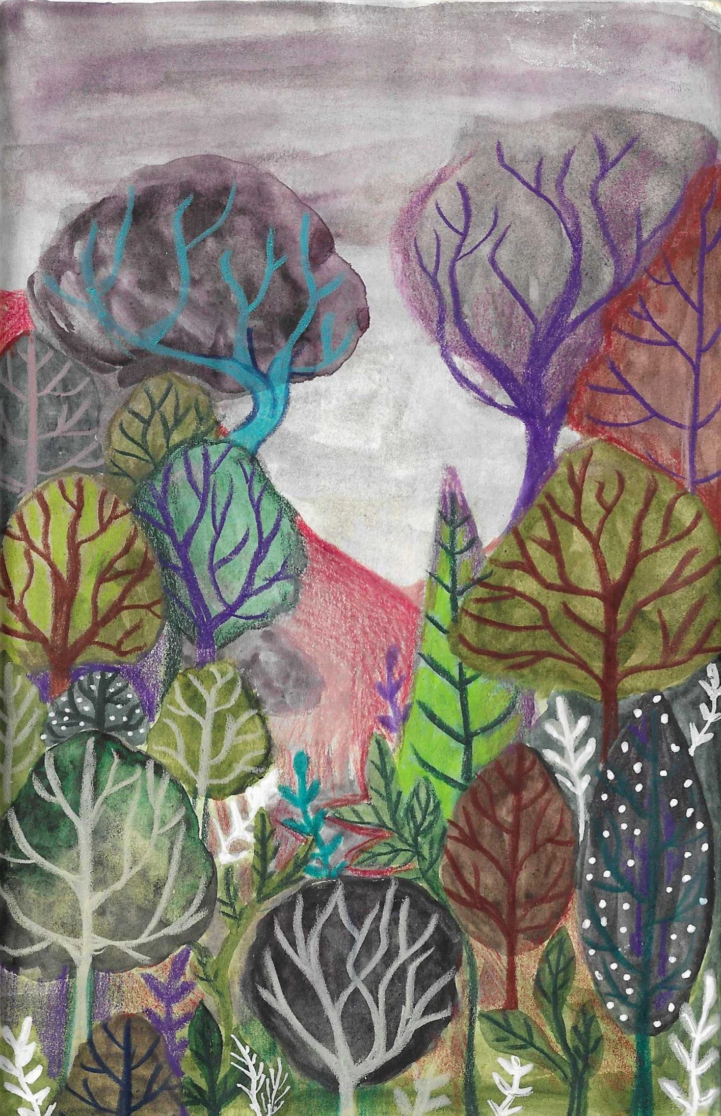A colorful watercolor painting of trees in various shades of green, purple, red, yellow, white, and black, with detailed branches. The background is a soft, muted blend of gray tones.