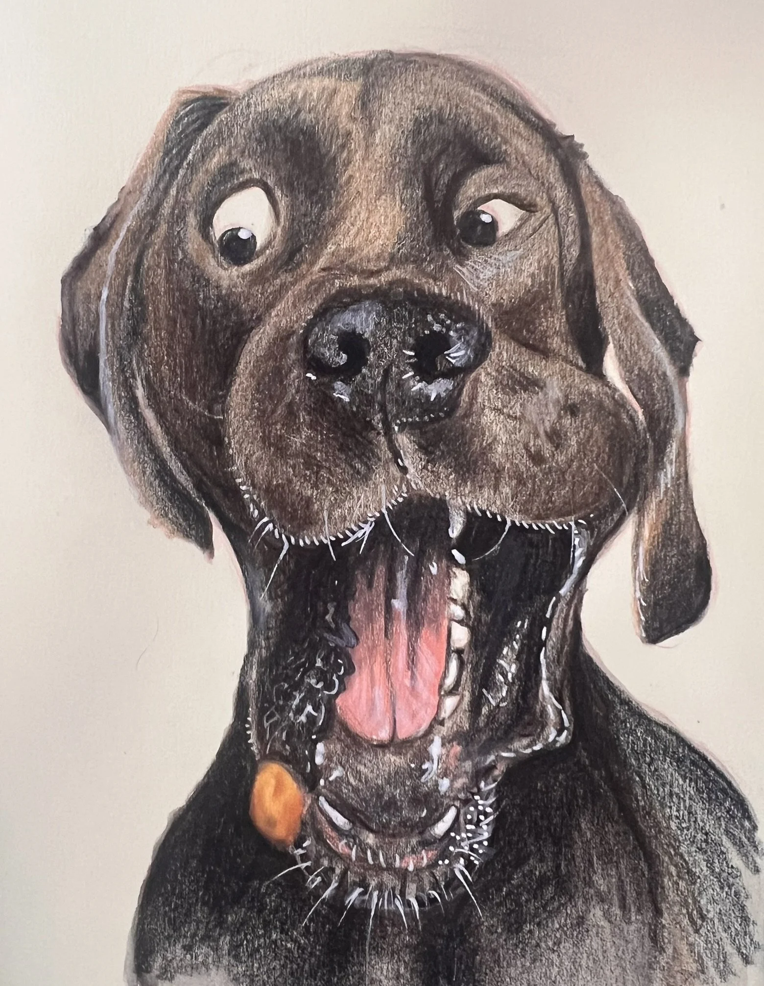 A painting of a black dog with a pink tongue hanging out, wearing a collar with a gold tag and a spiked necklace, against a plain background.