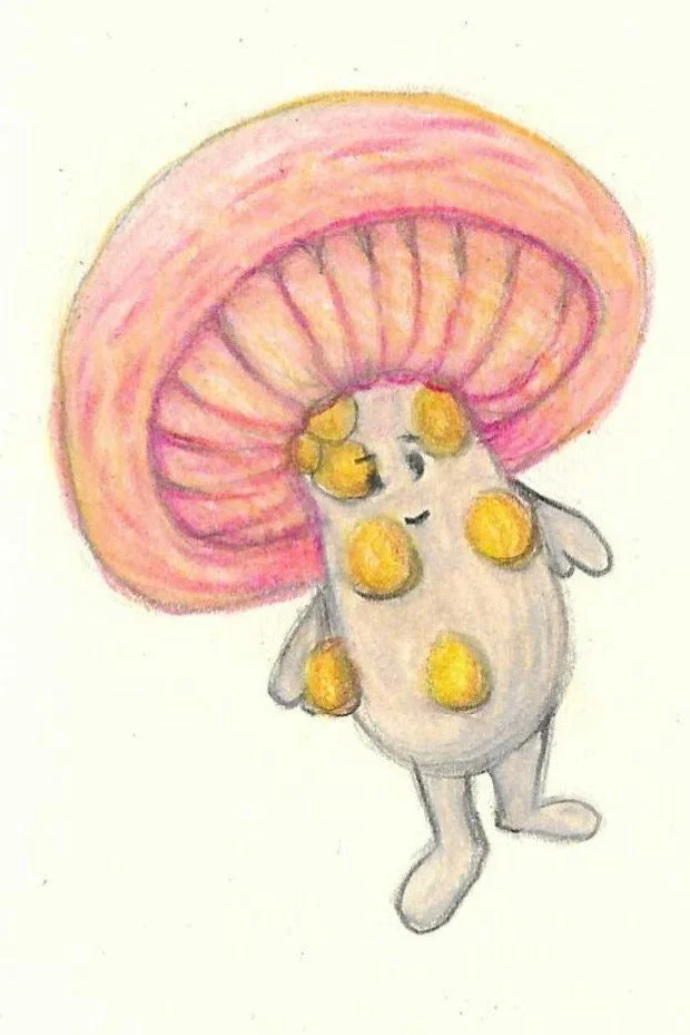 A cute cartoon hamster with gray fur and yellow spots, holding a large pink mushroom.