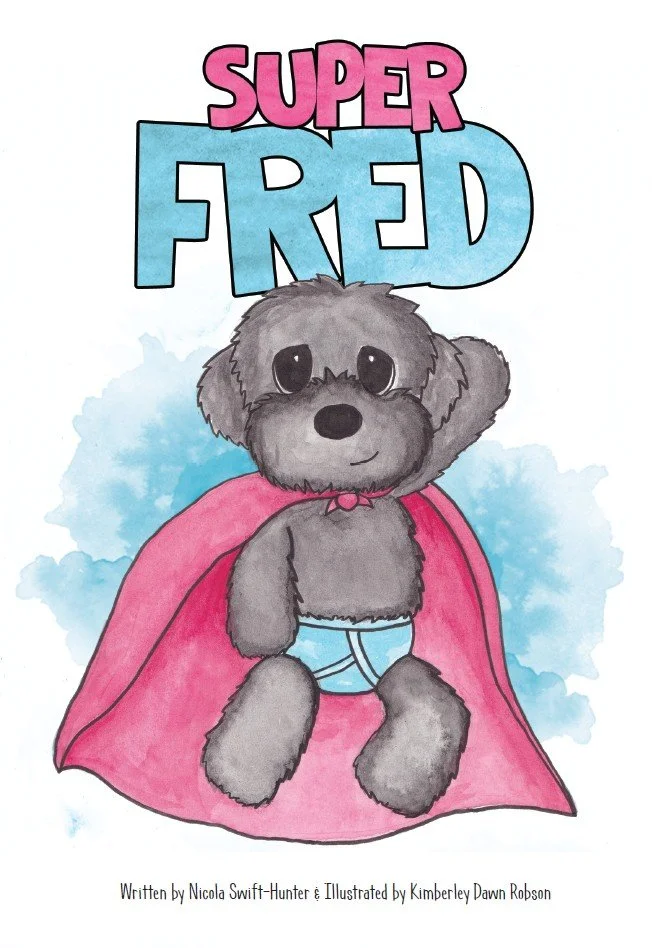 A cute cartoon puppy dressed as a superhero with a pink cape and underwear, sitting against a light blue background, with the words 'Super Fred' in large colorful letters at the top of the image.