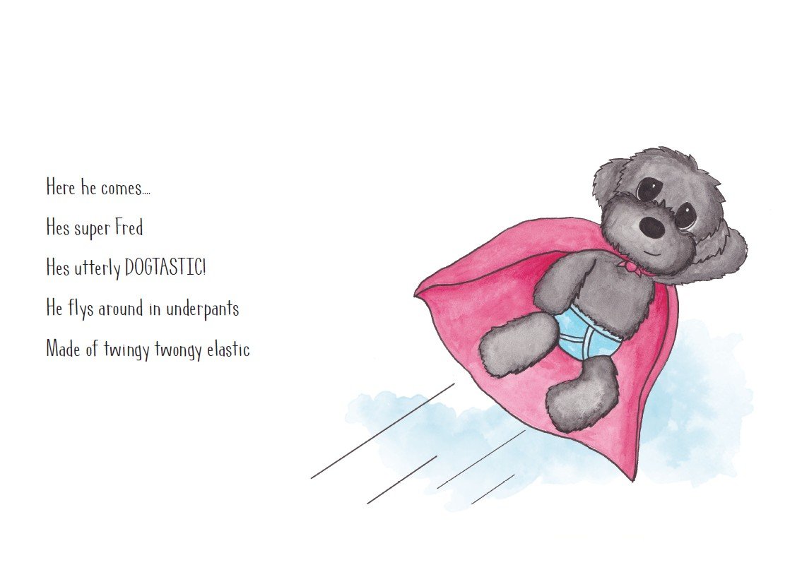 Drawing of a cute gray teddy bear wearing blue underwear, flying on a pink cape through the air.