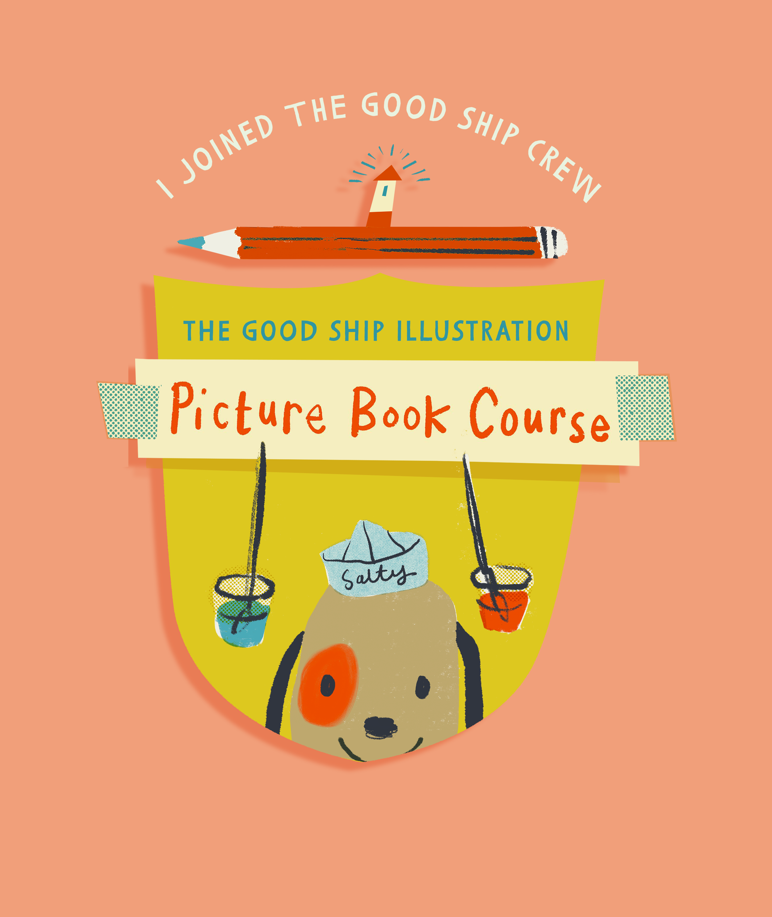 An illustrated wheelbarrow with a dog face and a yellow body,  set against a peach background. Text on the  reads 'Picture Book Course' and 'The Good Ship Illustration,' .
