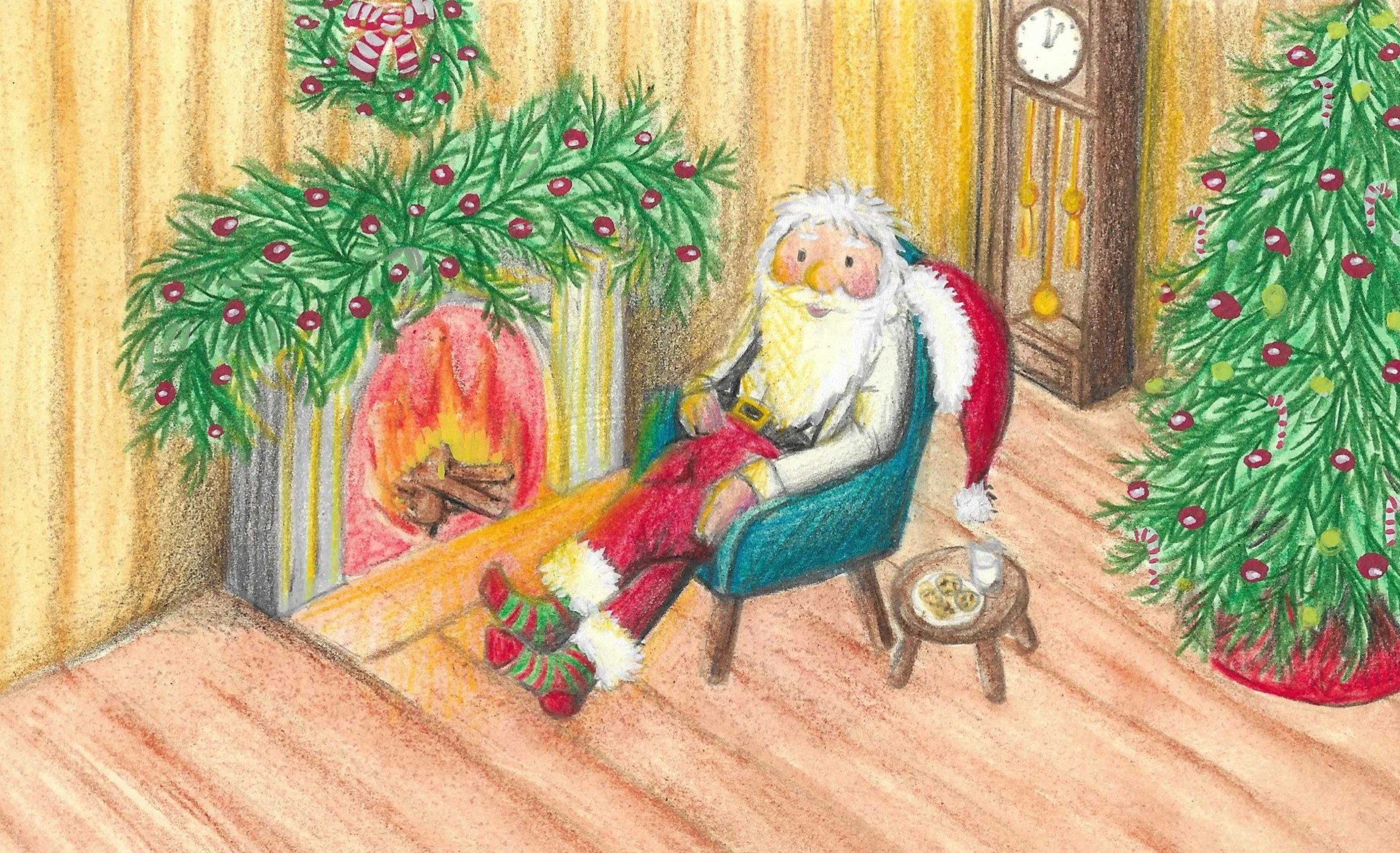 A colorful drawing of Santa Claus sitting in a chair next to a fireplace with a Christmas wreath and decorated Christmas trees in the background.