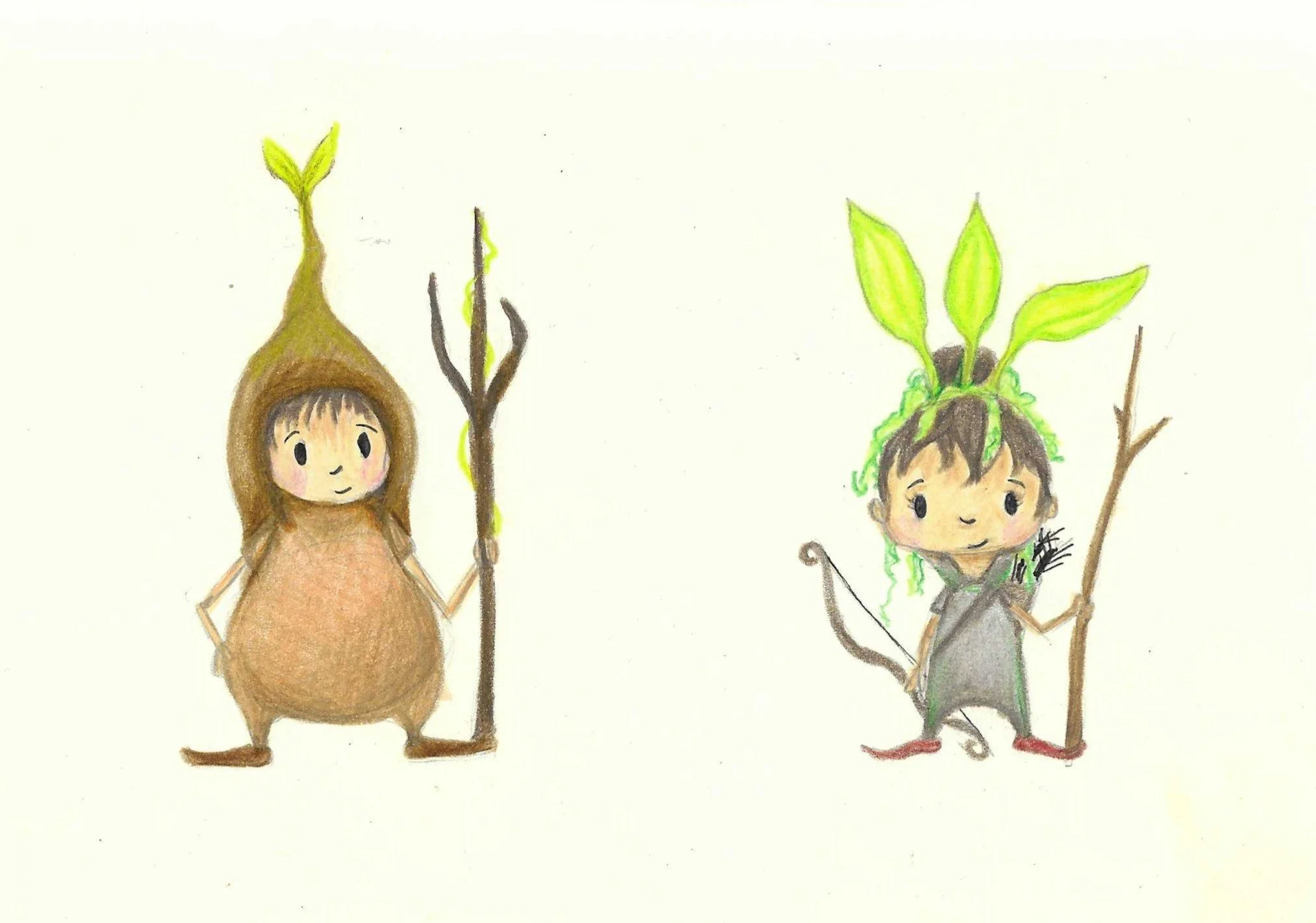 Hand-drawn illustration of a girl dressed as a bear and a boy dressed as a forest sprite, both holding sticks with leaves, on a white background.