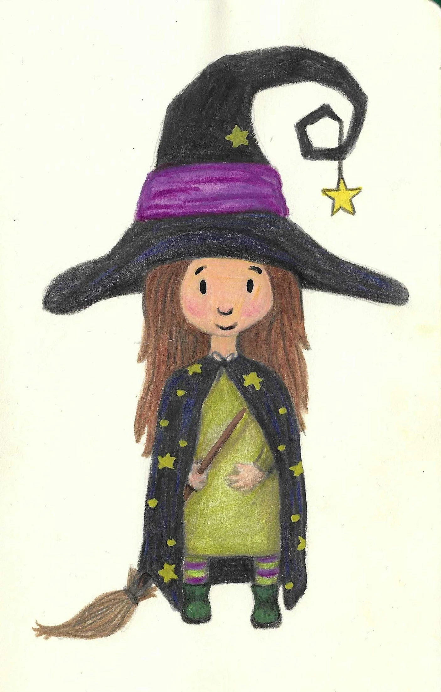 A drawing of a young girl dressed as a witch, wearing a large black hat with a purple band, a black cape with yellow stars, a yellow dress, striped pink and purple tights, and green boots. She has long brown hair, rosy cheeks, and is holding a brooms