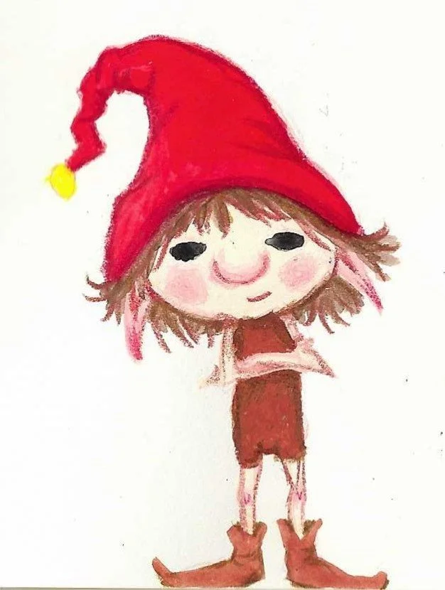 Hand-drawn illustration of an elf with pink cheeks, pink and brown hair, wearing a large red elf hat with a yellow pom-pom, a red dress, and red boots.