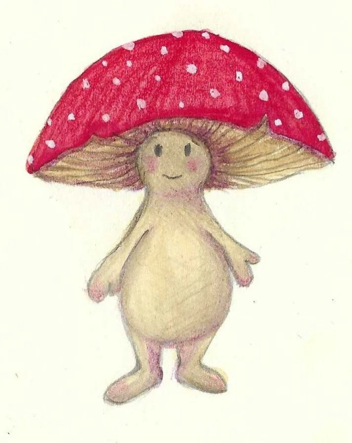A whimsical drawing of a small creature with a mushroom cap for a head, smiling face, and a rounded beige body, drawn with coloured pencils.