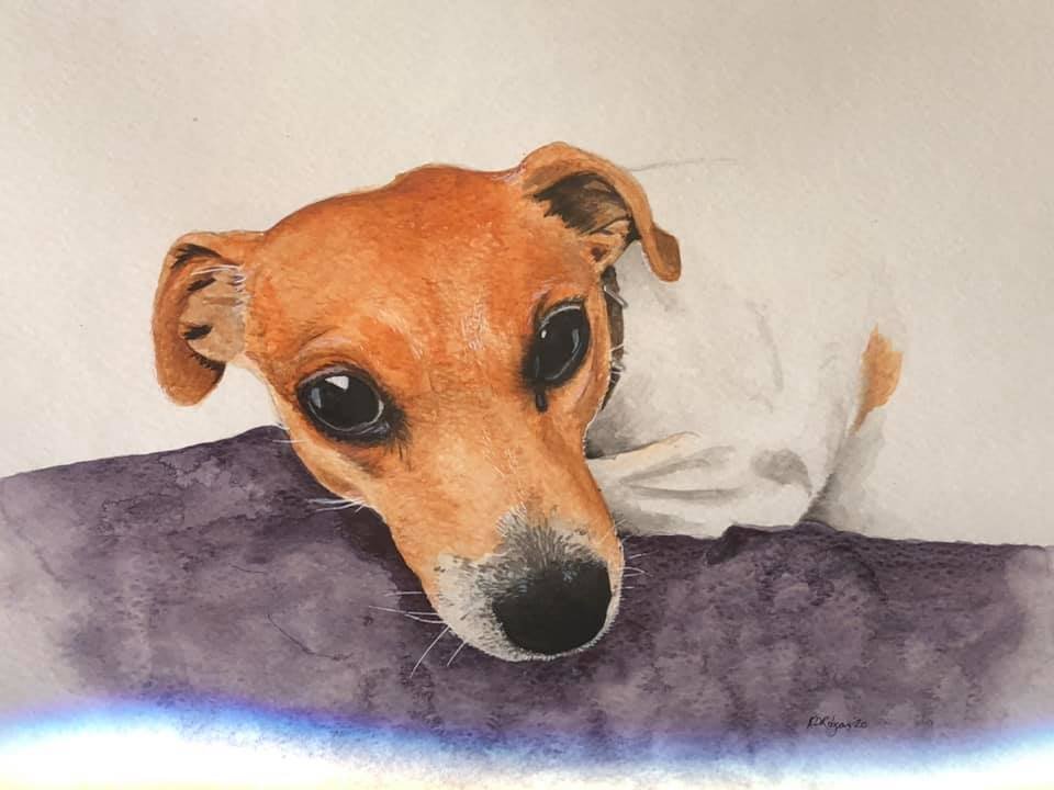 Painting of a small brown and white dog with large dark eyes resting its head on a purple surface.