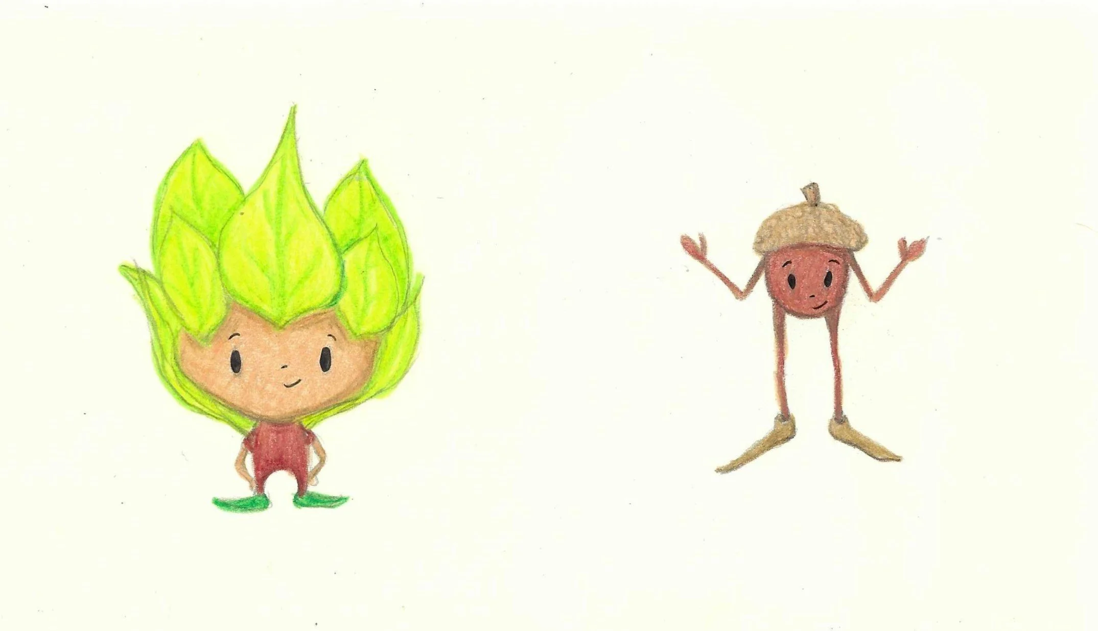 A colorful hand-drawn illustration of two cartoon-style characters on a light background. The character on the left has a face with a small smile, surrounded by green leaves or spiky hair, and is wearing a red dress and green shoes. The character on 