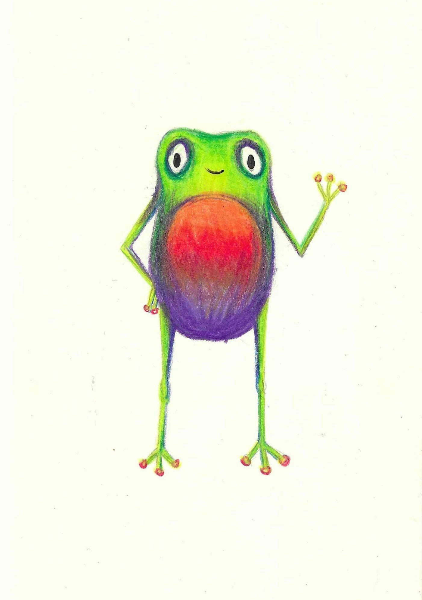 A colorful drawing of a cartoon frog with green head and limbs, red and purple body, large eyes, and holding a small branch with three red berries in its right hand.
