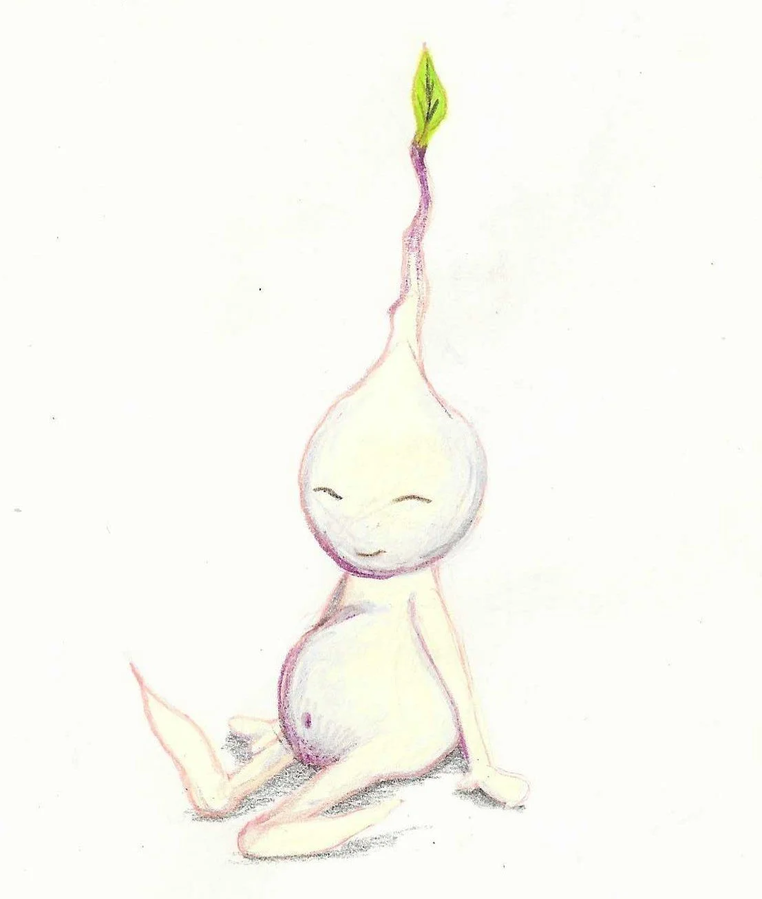 A cute anthropomorphic onion character with a smiling face, closed eyes, a small nose, and a tiny mouth. It has a green sprout on top of its head. The onion has a round body and is sitting on its knees with one arm resting on the ground.