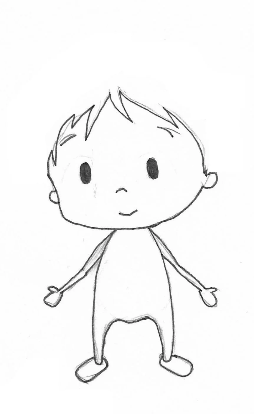 Simple black-and-white sketch of a cute, cartoon-style baby with a big round head, short spiky hair, large oval eyes, small nose, and smiling mouth, standing with arms slightly stretched out and wearing shoes.