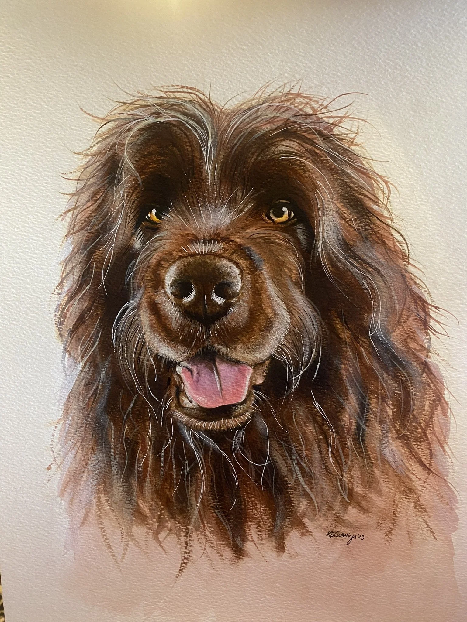 Painted portrait of a happy, brown long-haired dog with its tongue out, on a textured beige background.