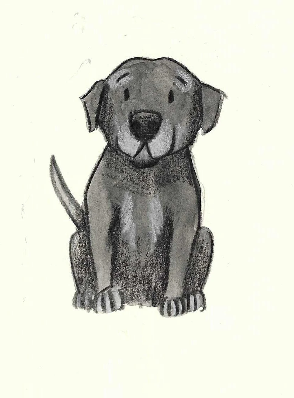 A hand-drawn illustration of a sitting dog with a dark coat and floppy ears.