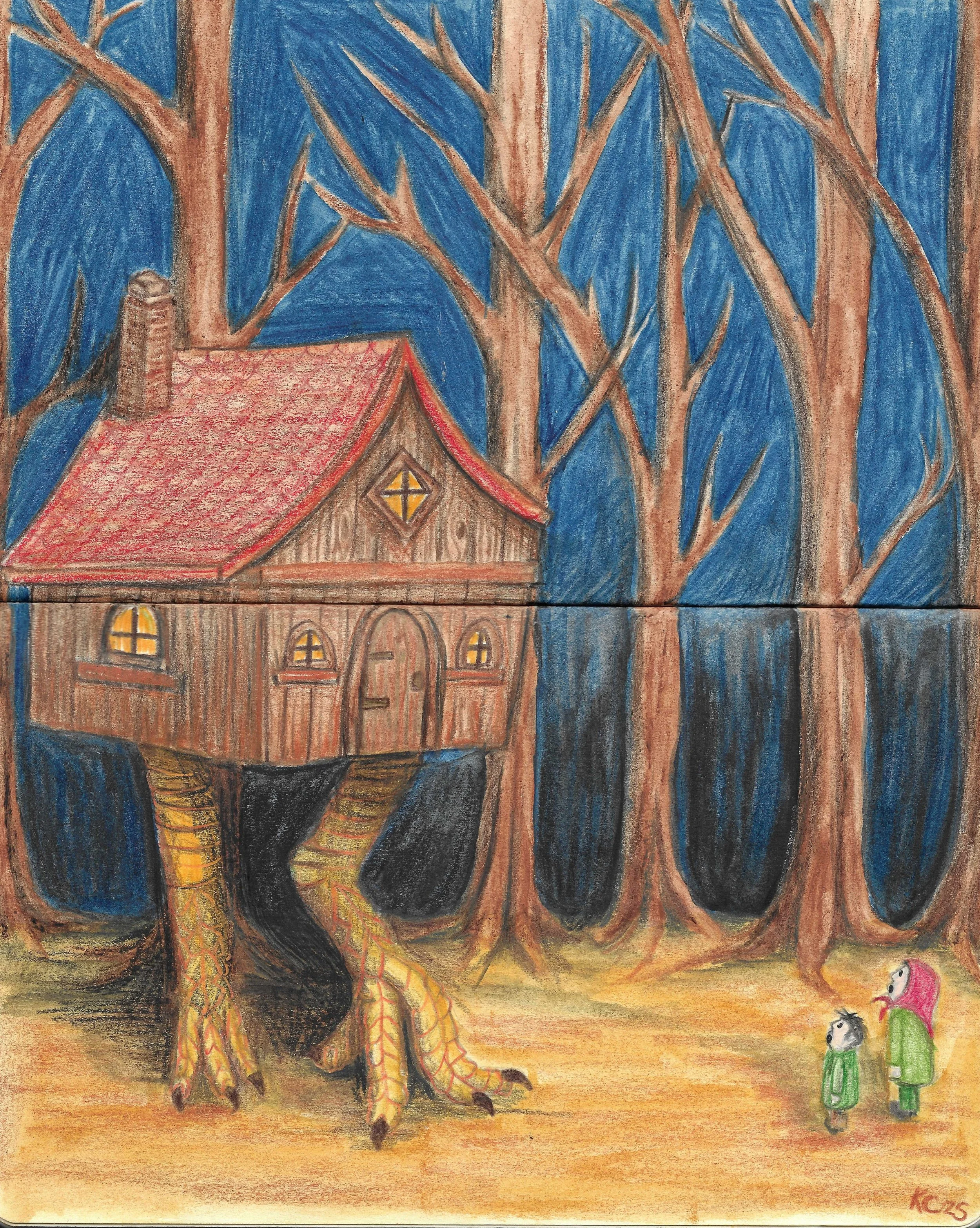 Colourful drawing of Baba-Yagas hut, with chicken legs, looming over two small children dressed in green, pink, and black, standing on a brown ground with a background of trees and blue sky.