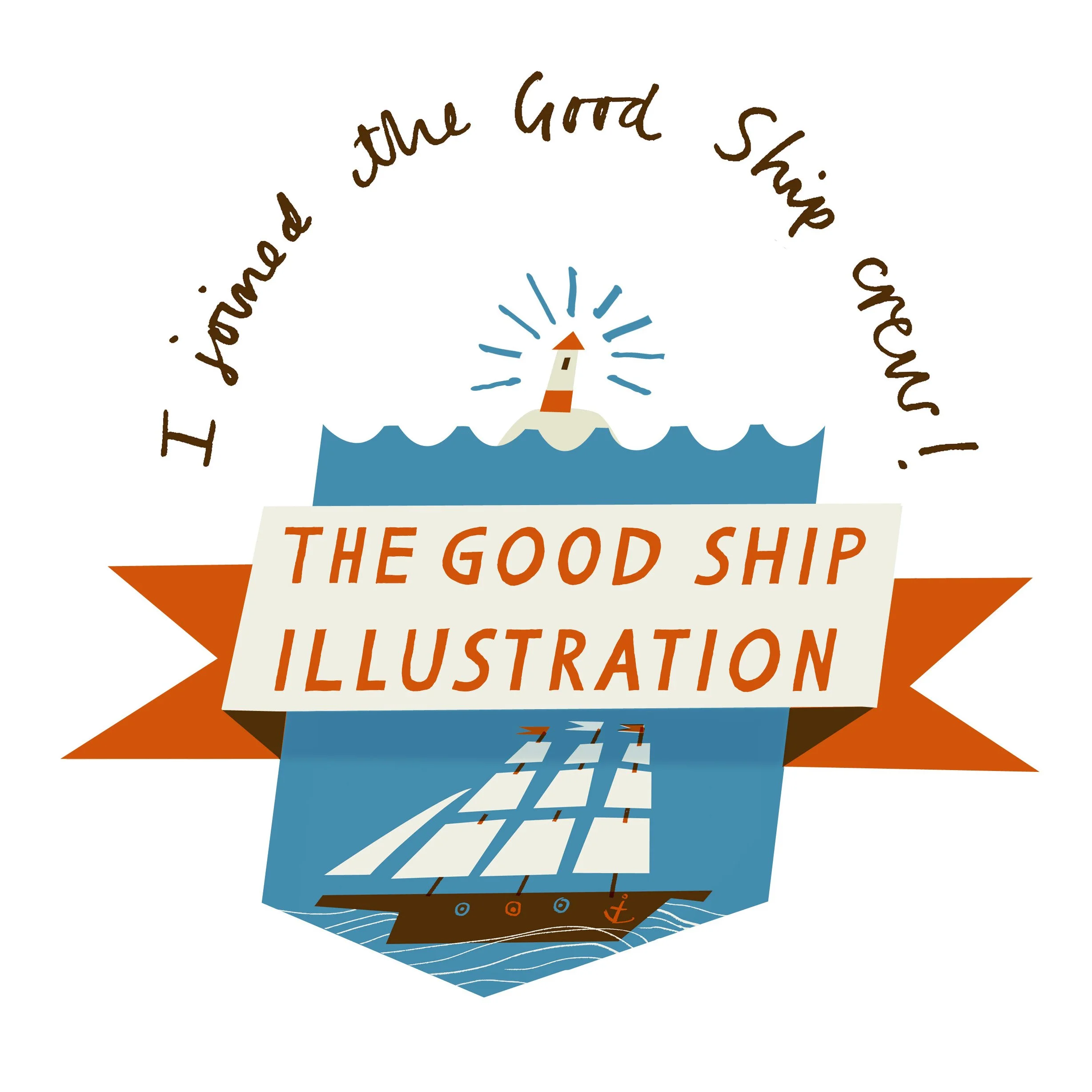 A stylized illustration of a lighthouse on an island with waves, the good ship illustration