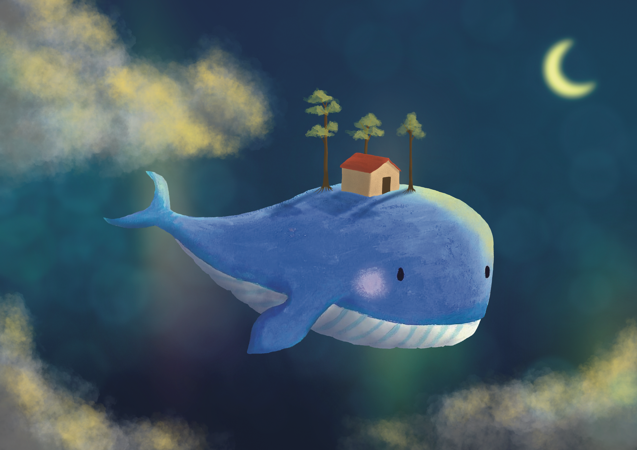 Illustration of a whale floating in the sky with small house, trees on its back, crescent moon, clouds, and colorful sky background.