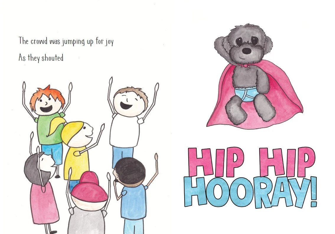 Children cheering and raising their hands with a cute grey puppy wearing a pink cape and blue underwear, with the text "HIP HIP HOORAY!" in colorful letters.