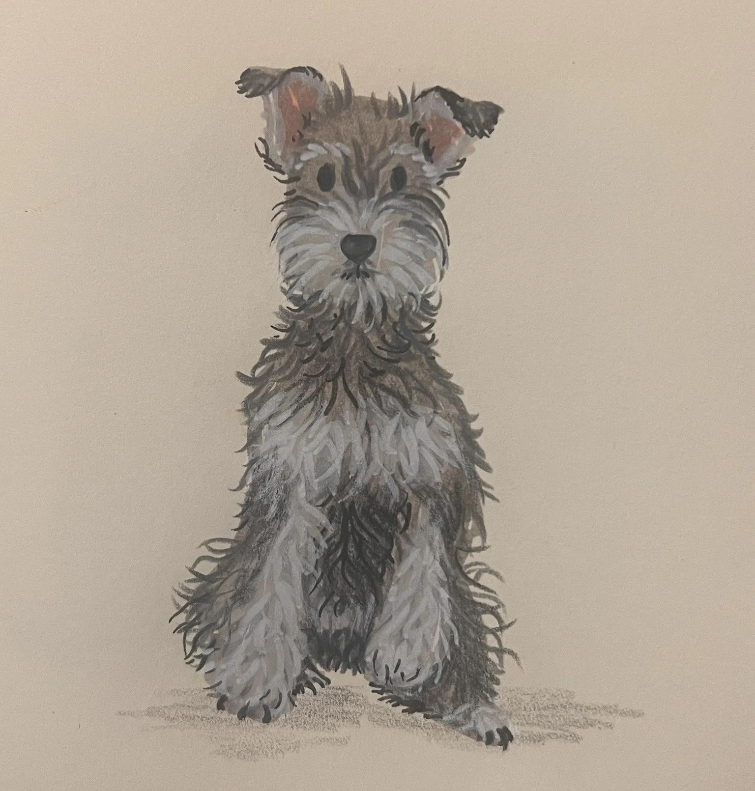 A watercolor painting of a fluffy dog, possibly a terrier, standing on a light background.