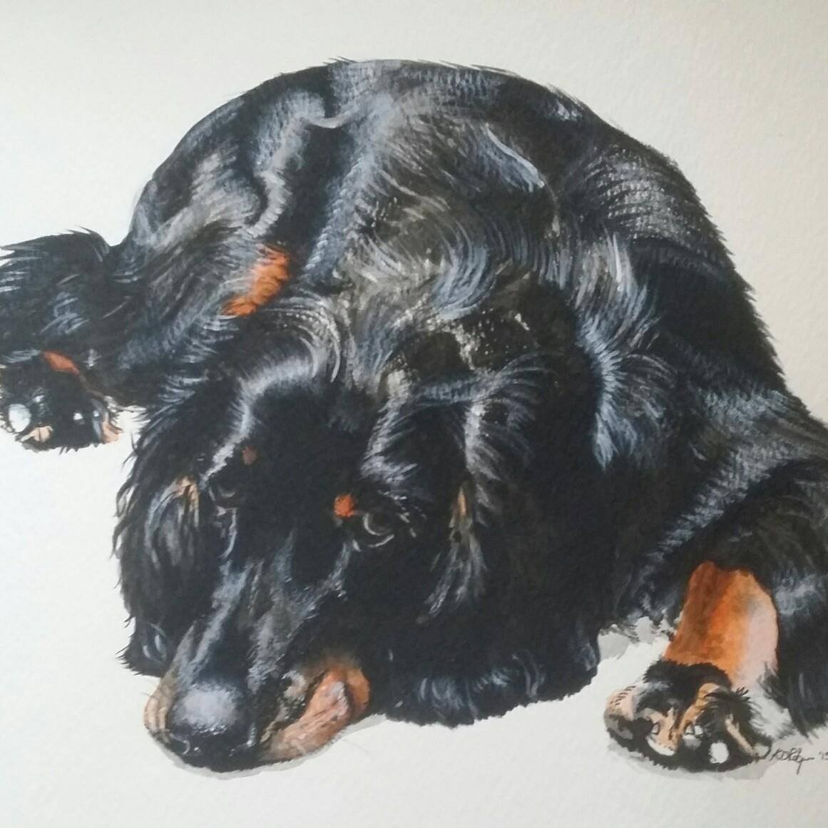 Painting of a black and tan dog, possibly a Rottweiler or Doberman, lying down with its head resting on its front paws.
