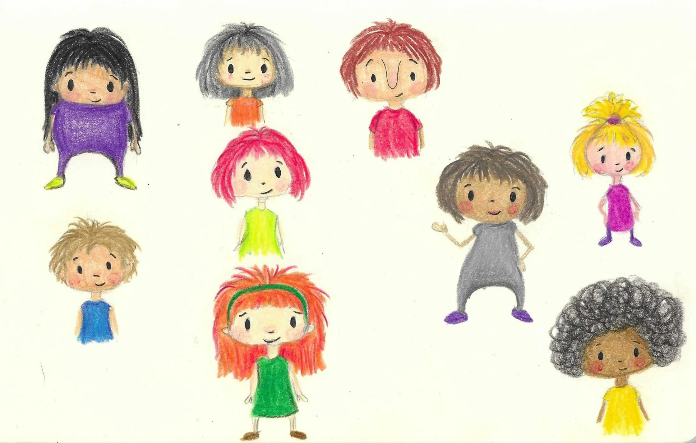 Colorful hand-drawn illustration of diverse children with different hair colors and styles, dressed in bright clothes, standing against a white background.