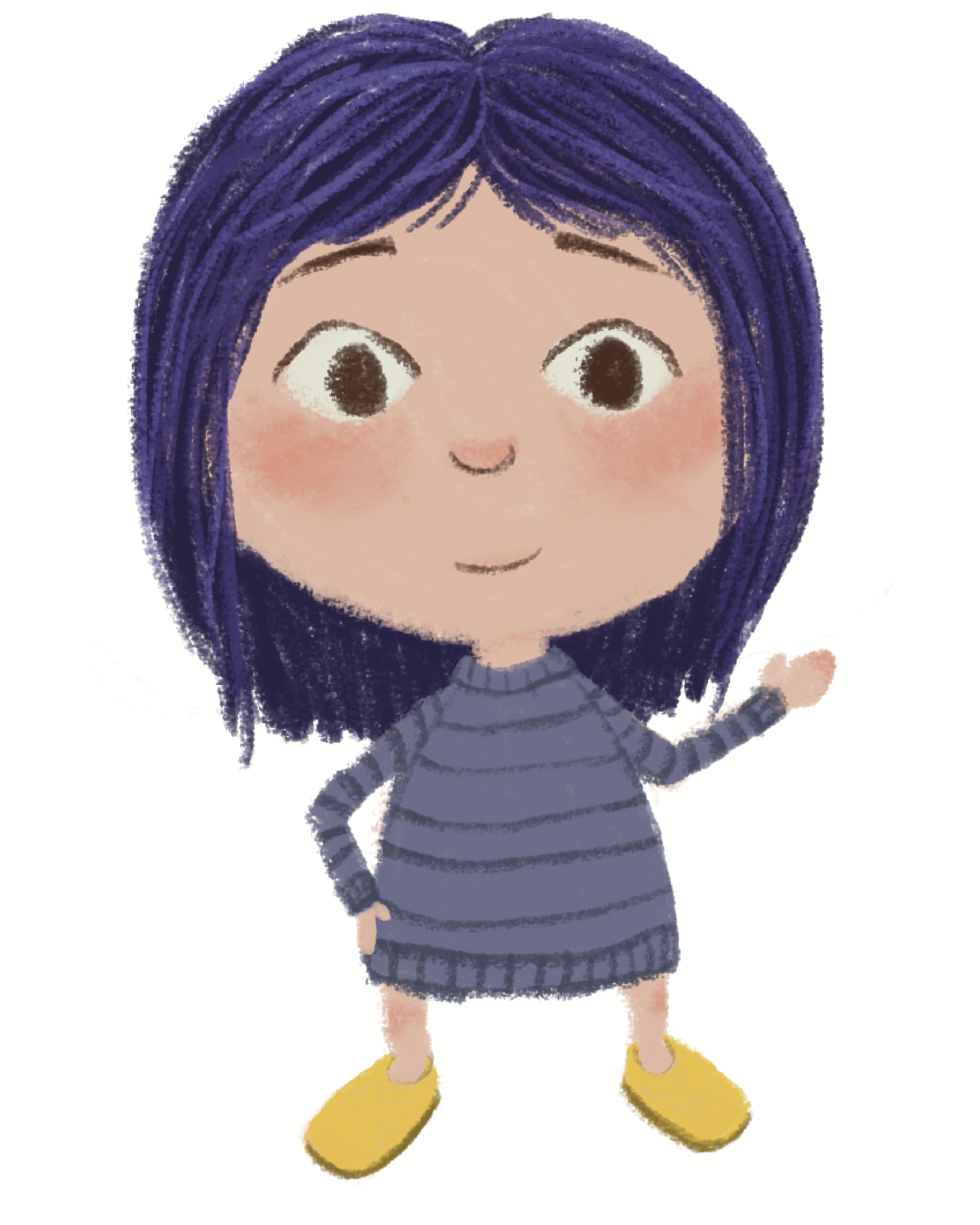 A cartoon illustration of a girl with purple hair, wearing a blue striped dress and yellow shoes, standing with one hand raised.