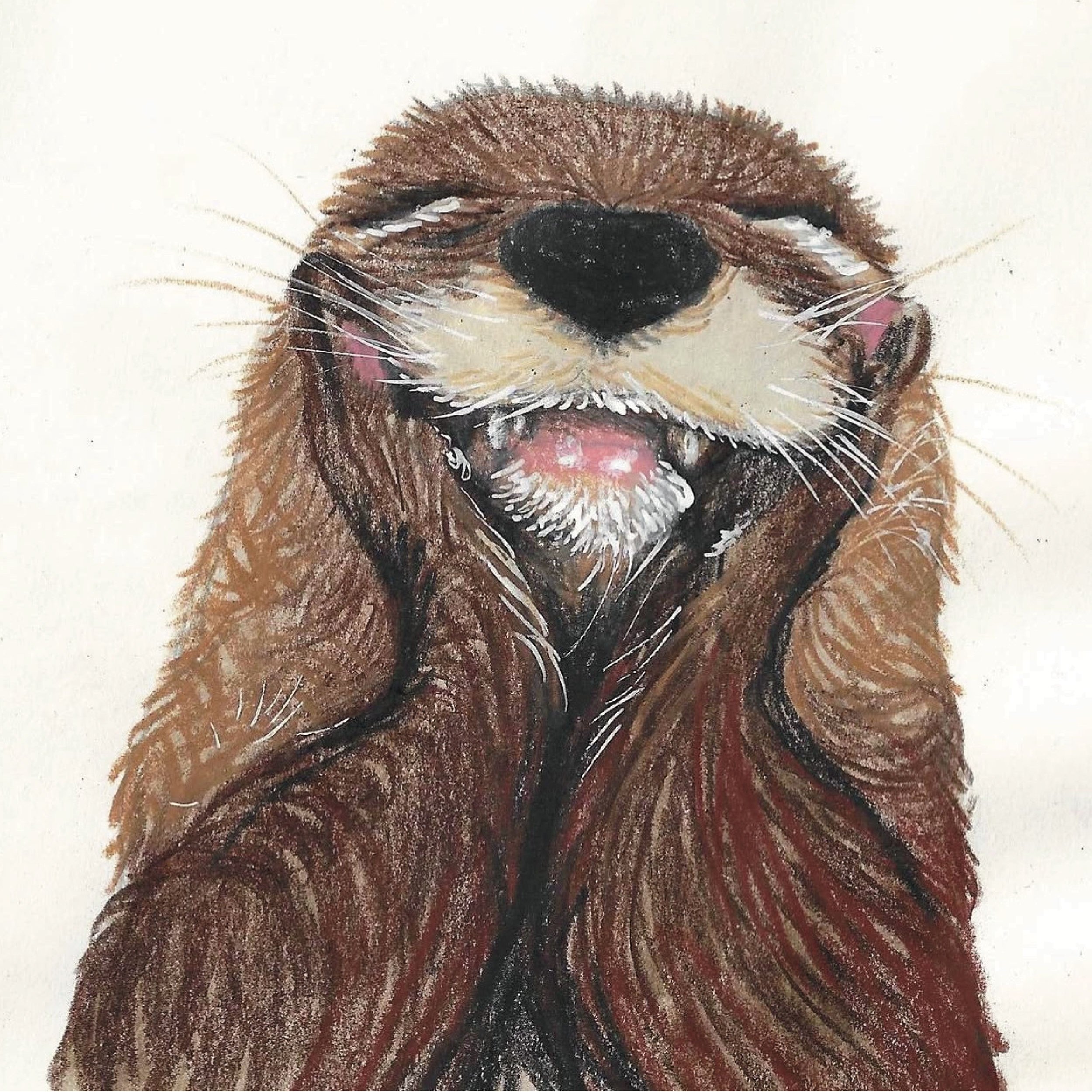 Close-up of a watercolour and pencil painting of an otters face, highlighting the nose, eyes, and fur in brown, black, white, and pink tones.