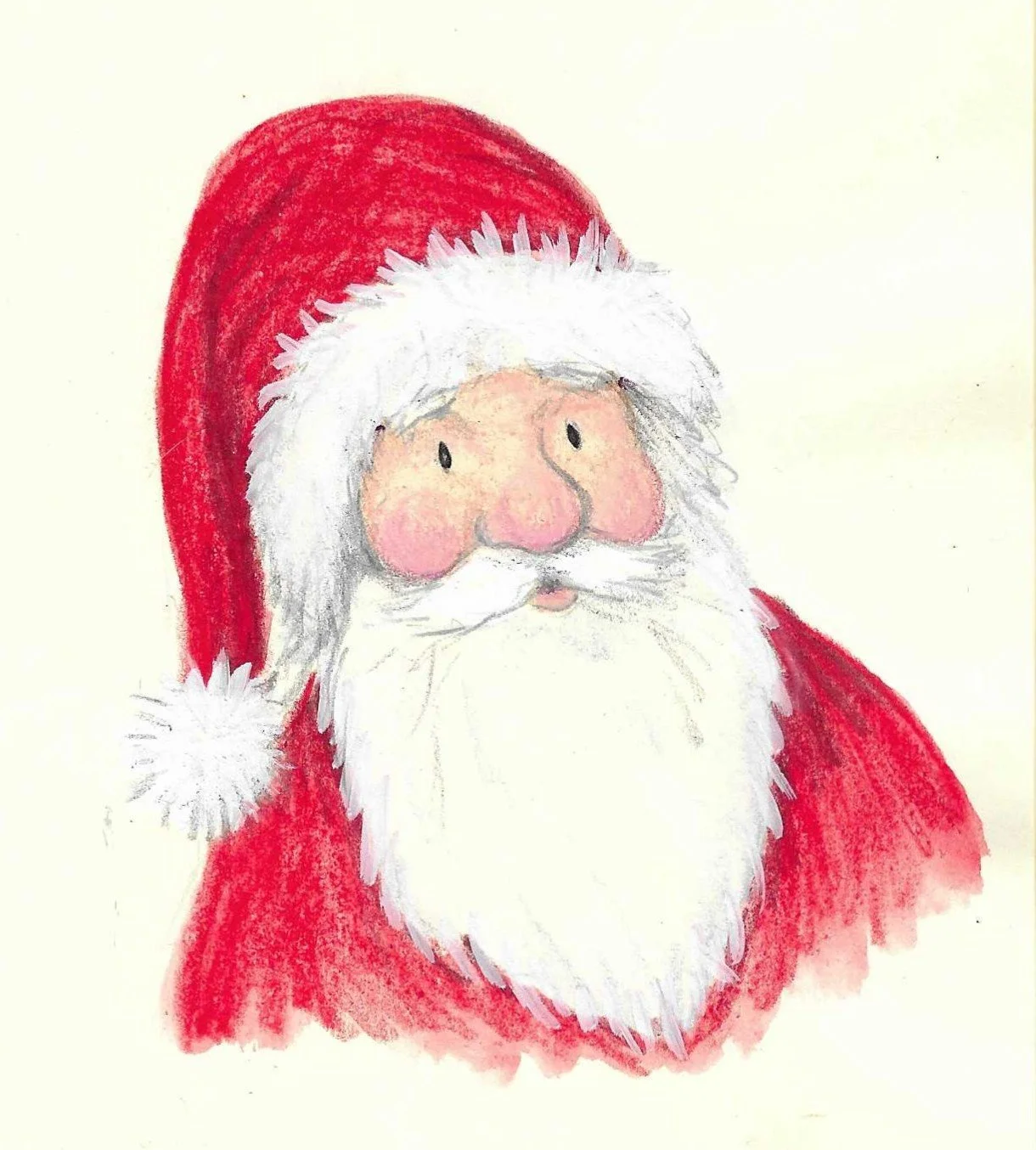 Hand-drawn illustration of Santa Claus with a red hat, white beard, pink face, and black eyes on a light background.