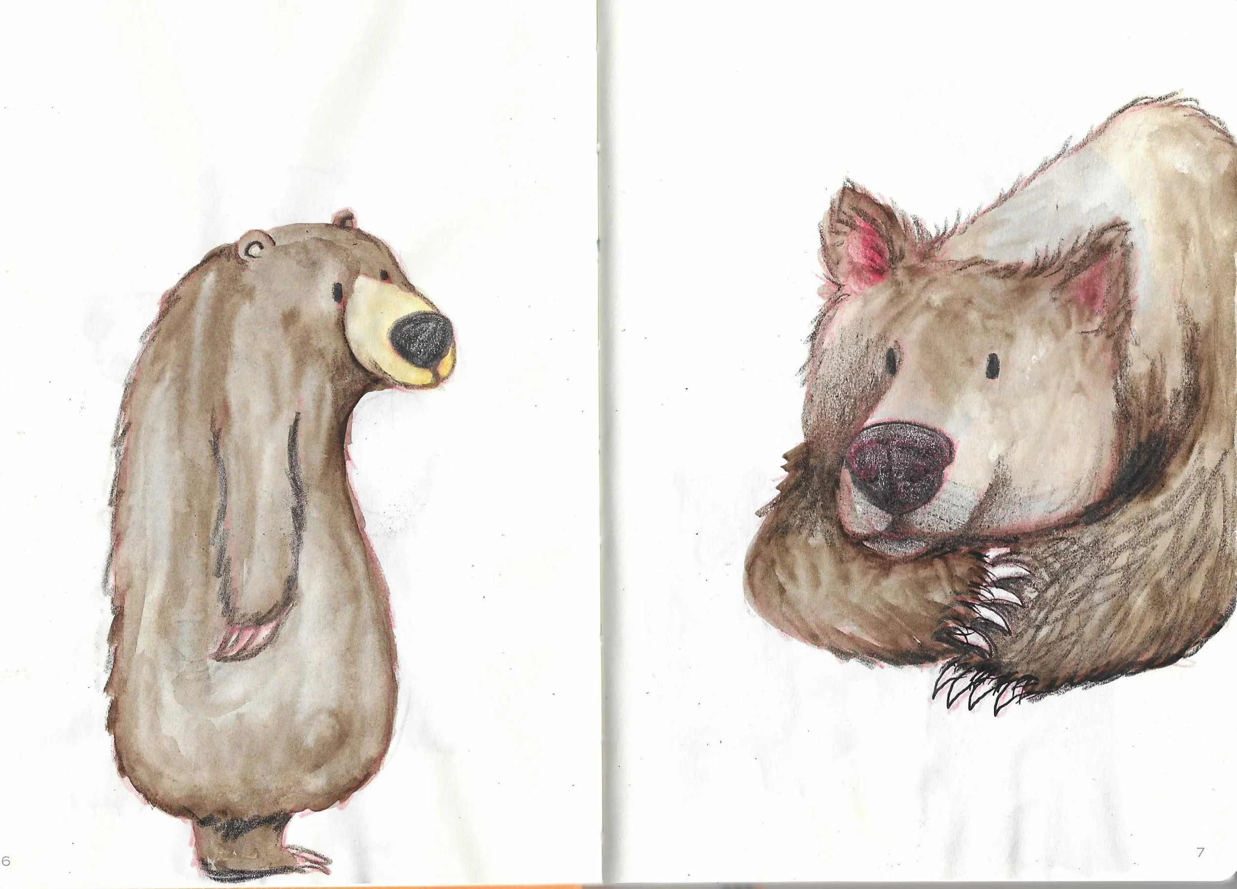 Watercolour painting of 2 bears facing each other on a white background.