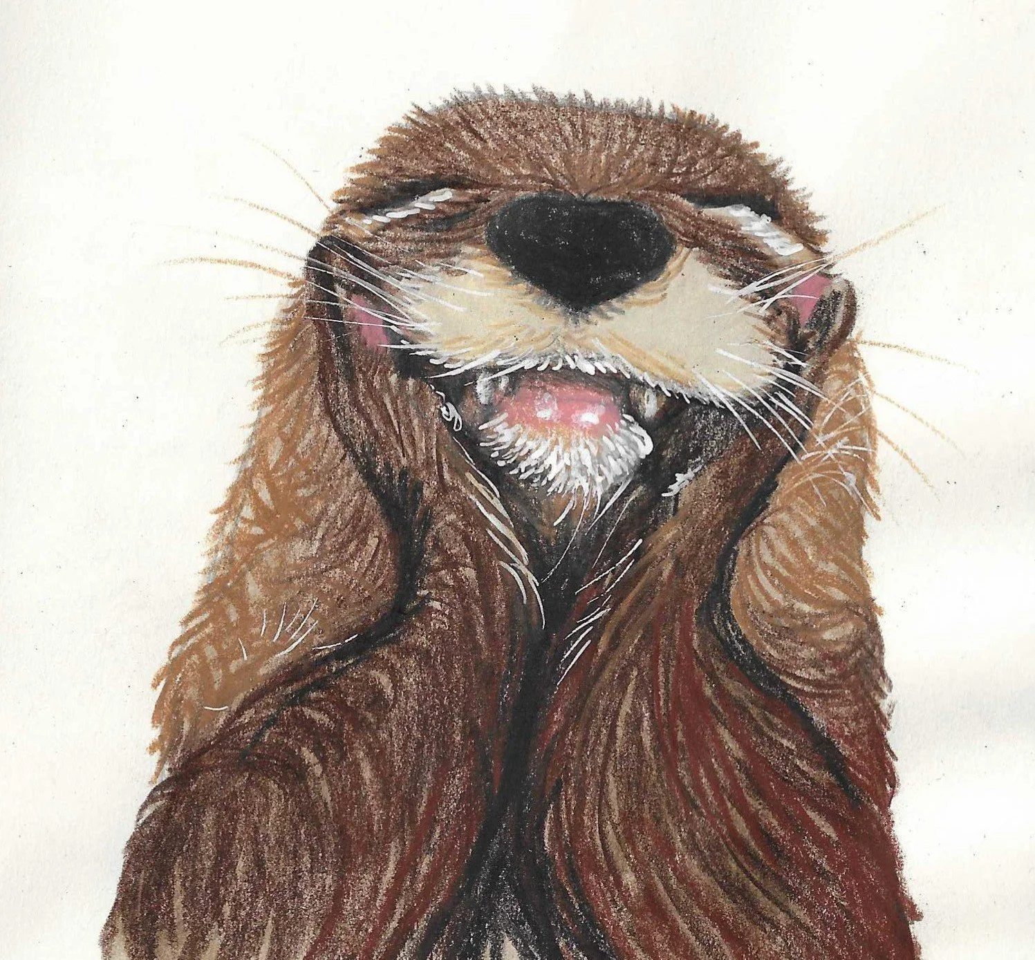 A watercolor painting of a happy, smiling otter with its mouth open, showing its tongue, with brown fur, whiskers, and a black nose.