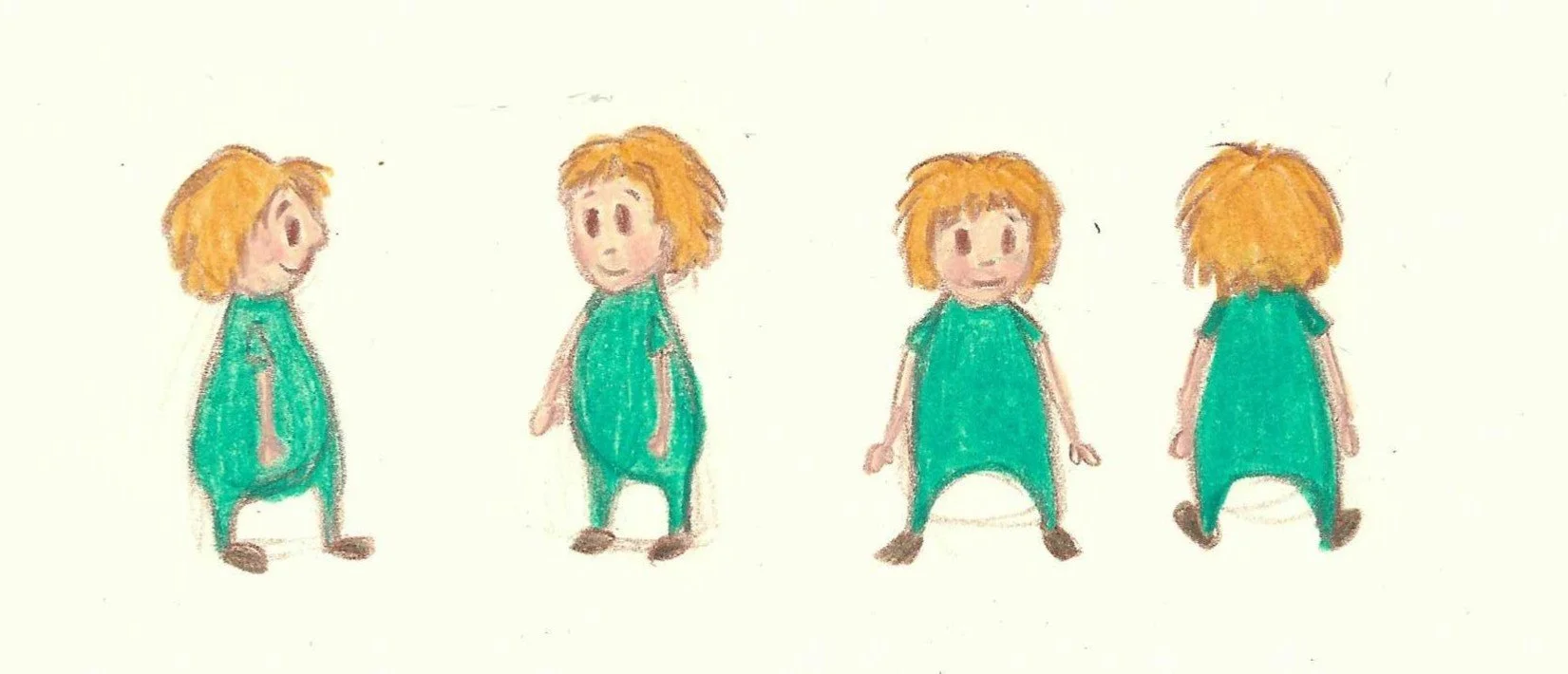 Sketch of a young child with curly hair wearing a green outfit, shown in four different poses from side, front, and back views.