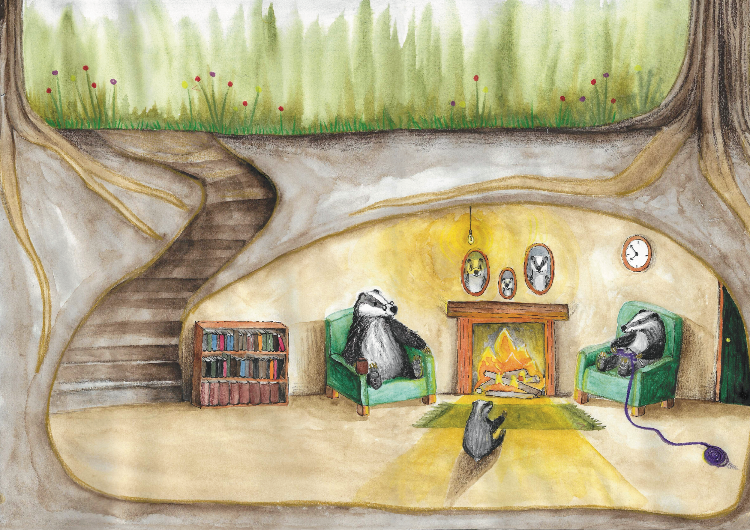 Hand-drawn illustration of a cross-section of an underground burrow with a living room, furniture, and a family of badgers. The top part shows soil and grass. this is a page from a children's picturebook