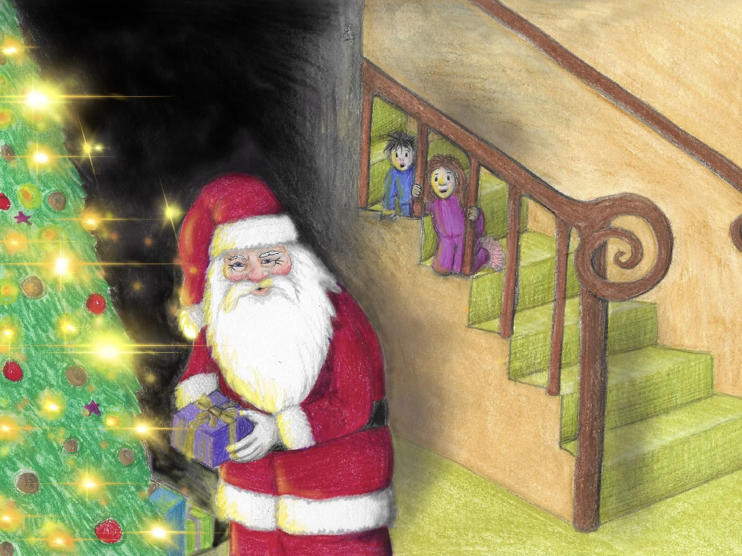 Colorful drawing of Santa Claus standing near a decorated Christmas tree, with children looking from the top of the stairs.
