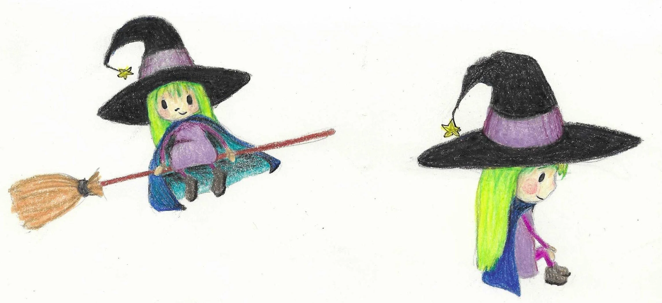 Child in witch costume with a large black hat, green hair, sitting on a broomstick, and another child wearing a similar hat, walking.
