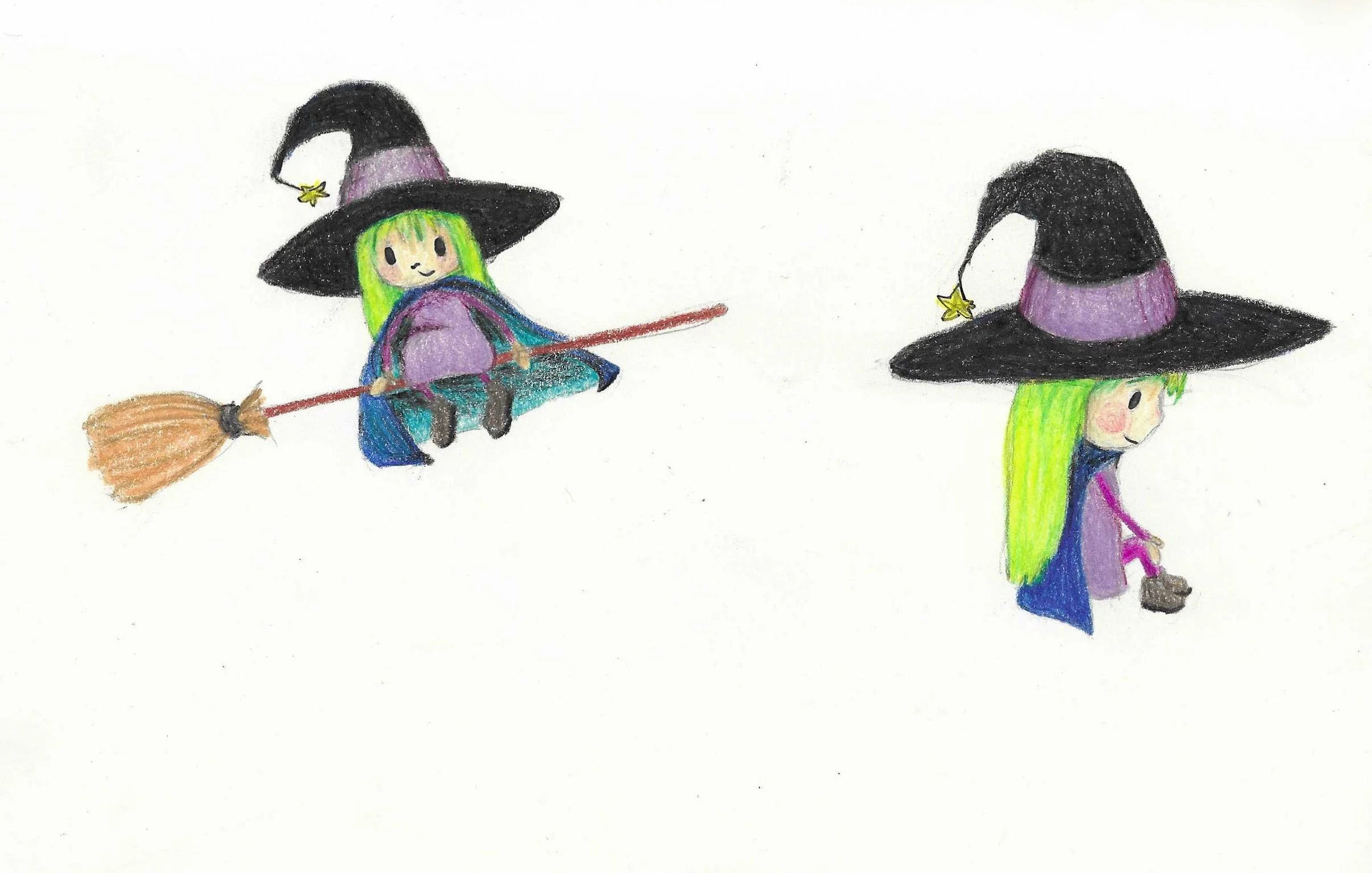 Hand-drawn illustration of two children dressed as witches. One child is sitting on a broomstick with a purple hat and green hair; the other is standing with a similar hat and long green hair. Both have wands and are wearing purple costumes.