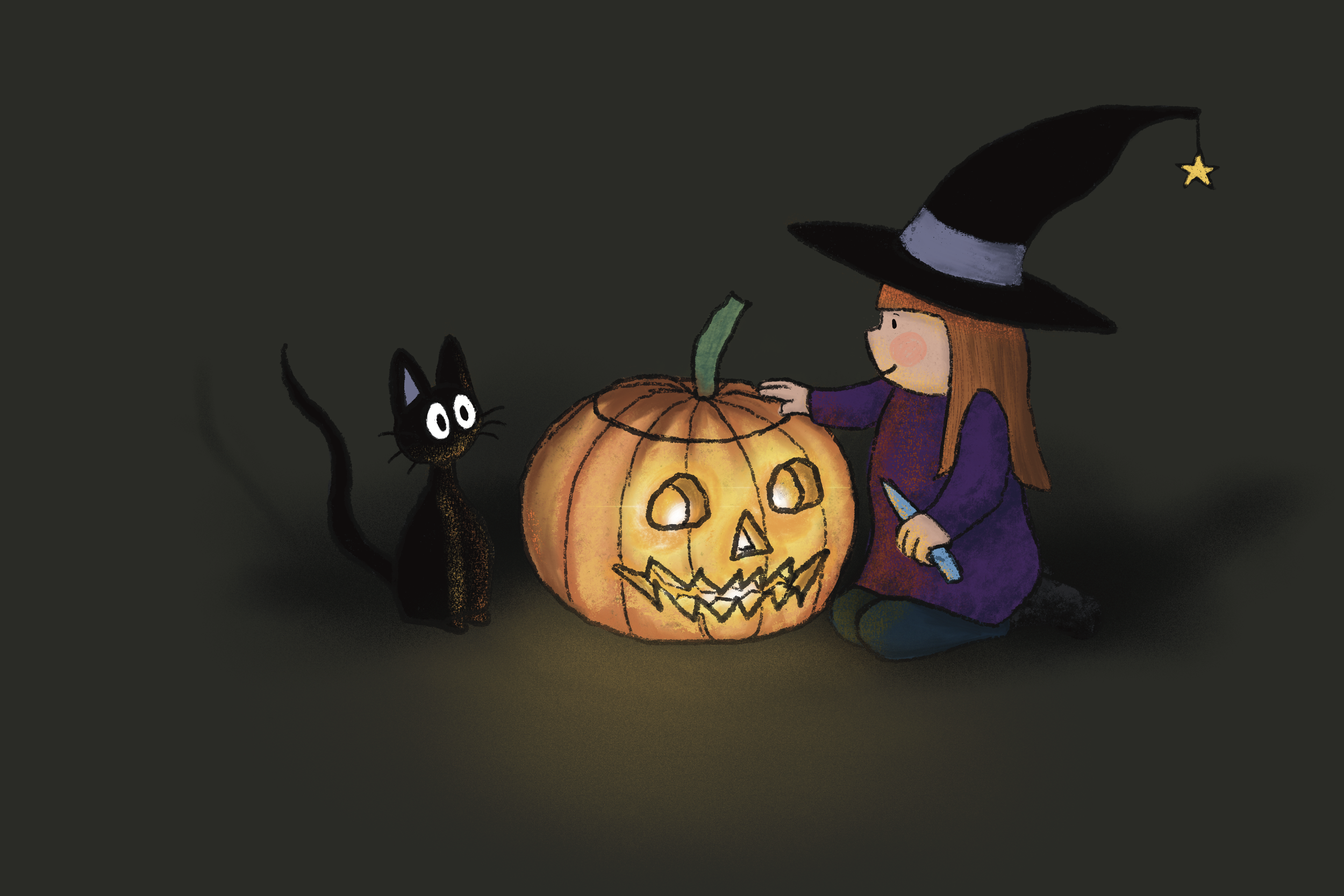 A young girl dressed as a witch, with a large black witch hat with a star decoration, is kneeling next to a glowing carved pumpkin with a frightened cat sitting beside her.