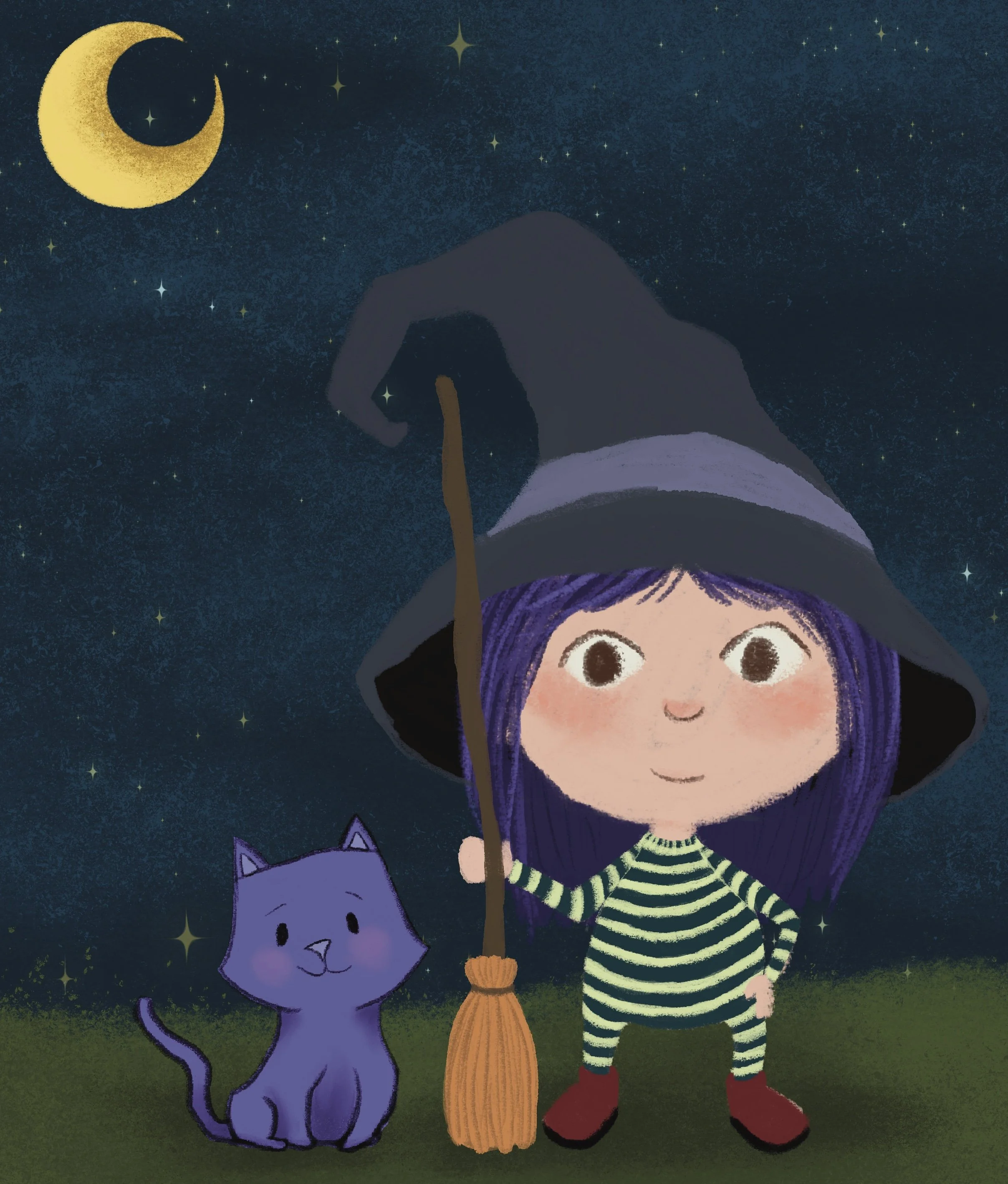 A young girl with purple hair and striped clothing standing next to a purple cat under a starry night sky with a crescent moon.